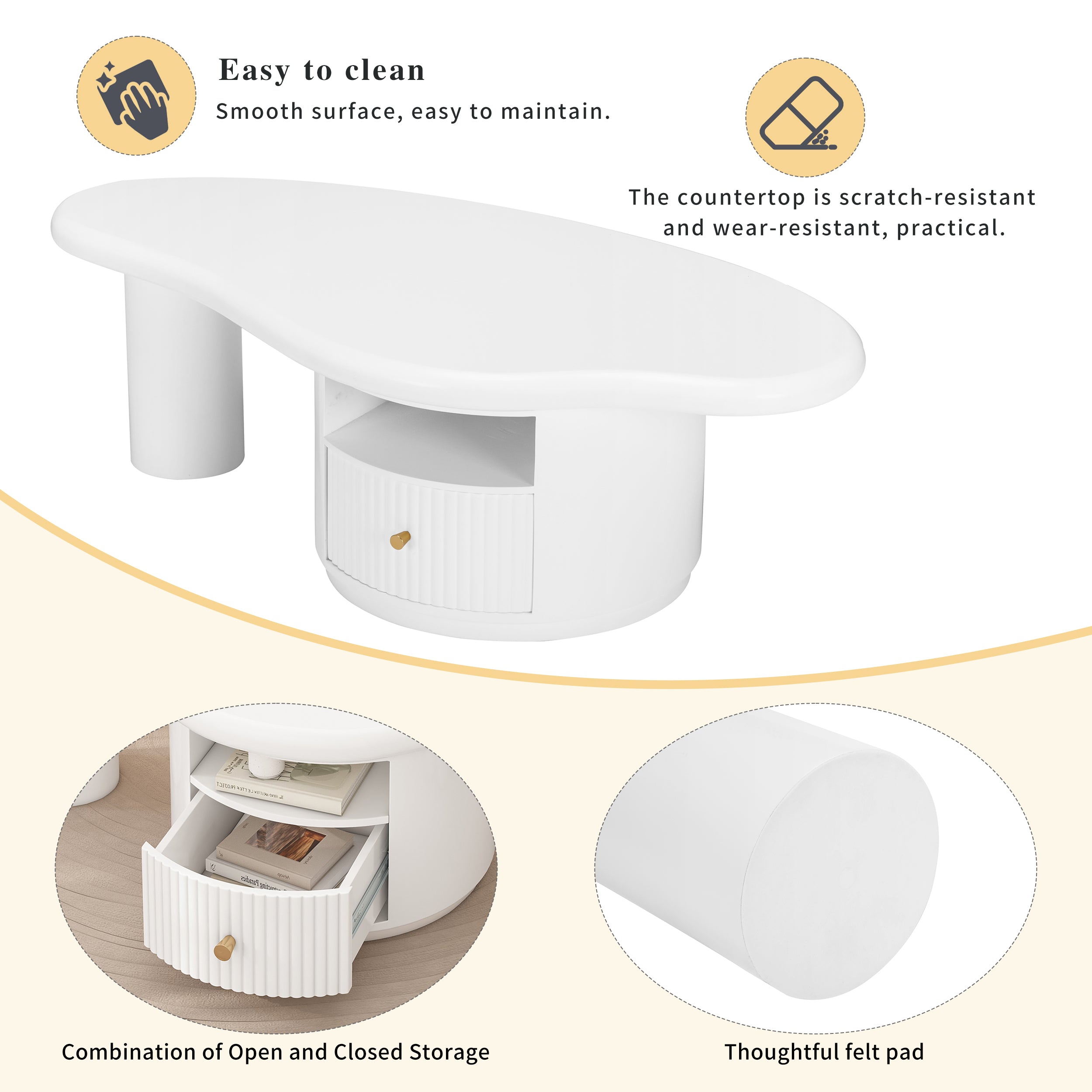 Cloud Coffee Table, Irregular Shape 110cm with Drawer, MDF