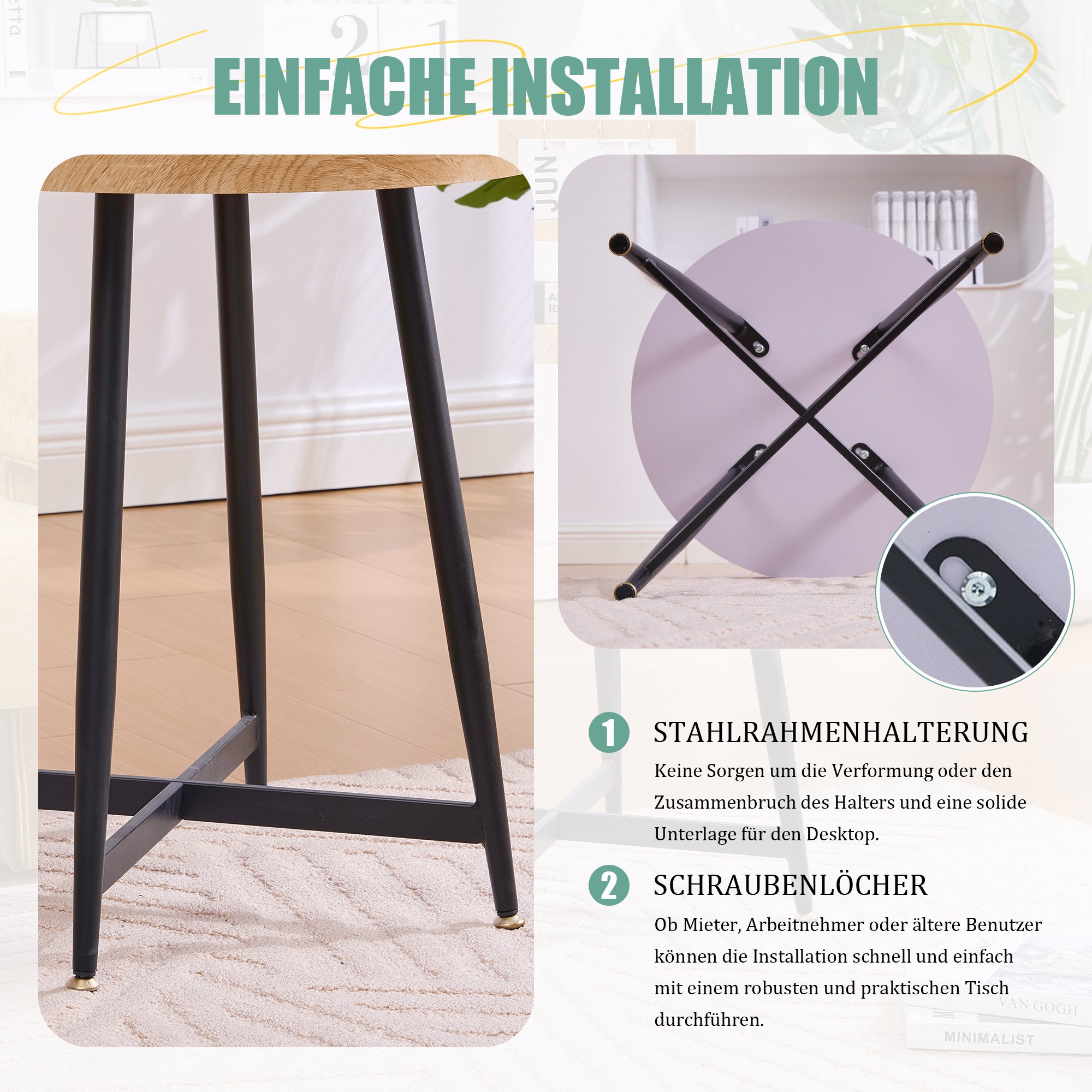 Round Side Table Modern Minimalist Compact - Wood/Metal Frame