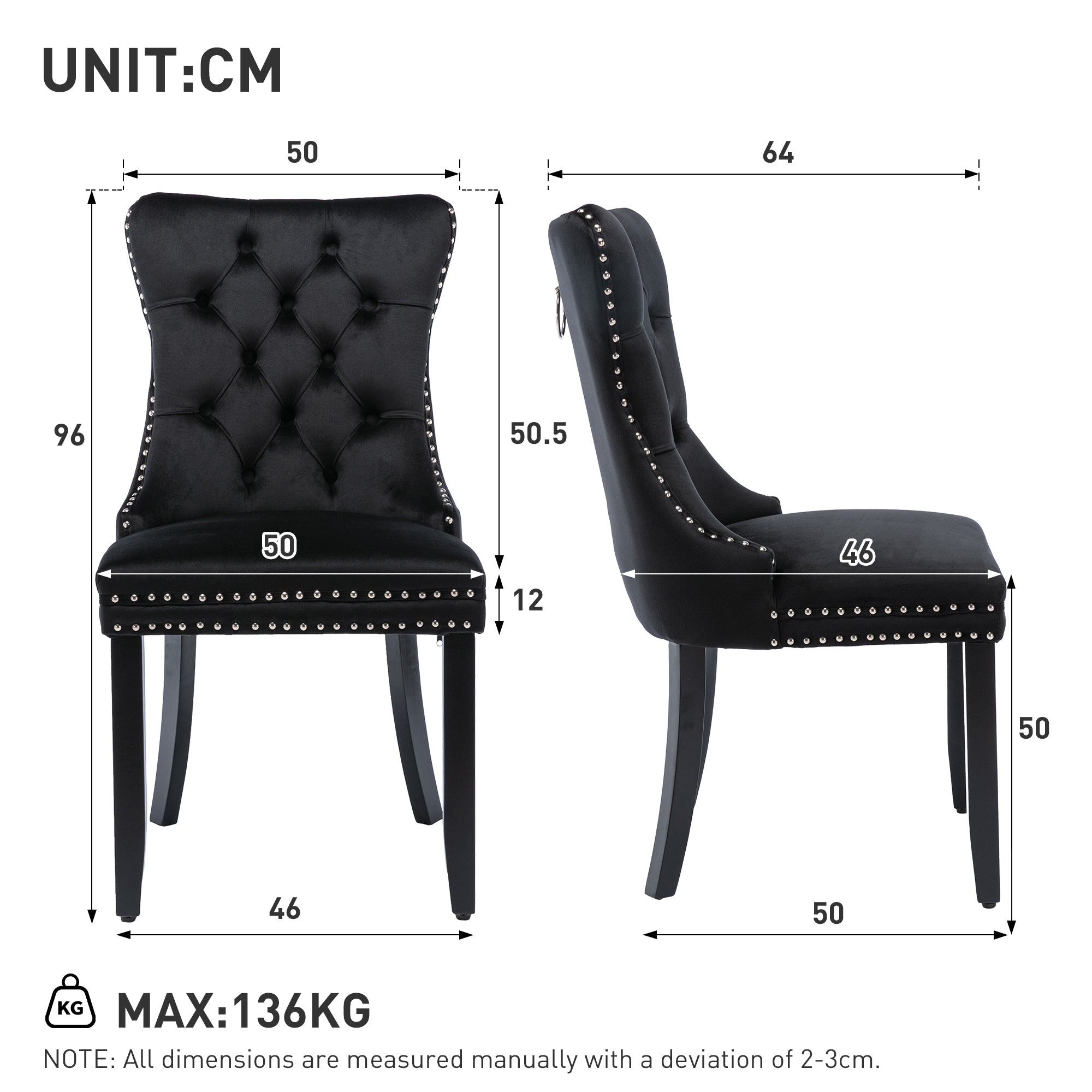 Modern Set of 2 Upholstered Velvet Dining Chairs, Button Tufted with Solid Wood Legs, Black
