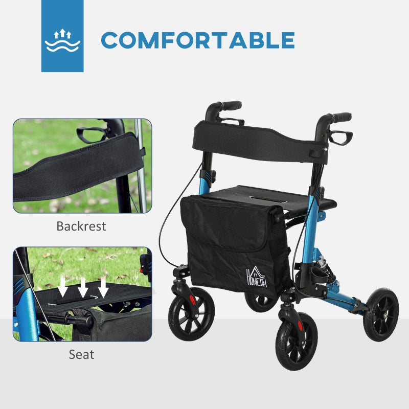 Folding Rollator Walker, Lightweight with Seat, Backrest, Dual Brakes, Adjustable Handle Height, and Storage Bag, Blue