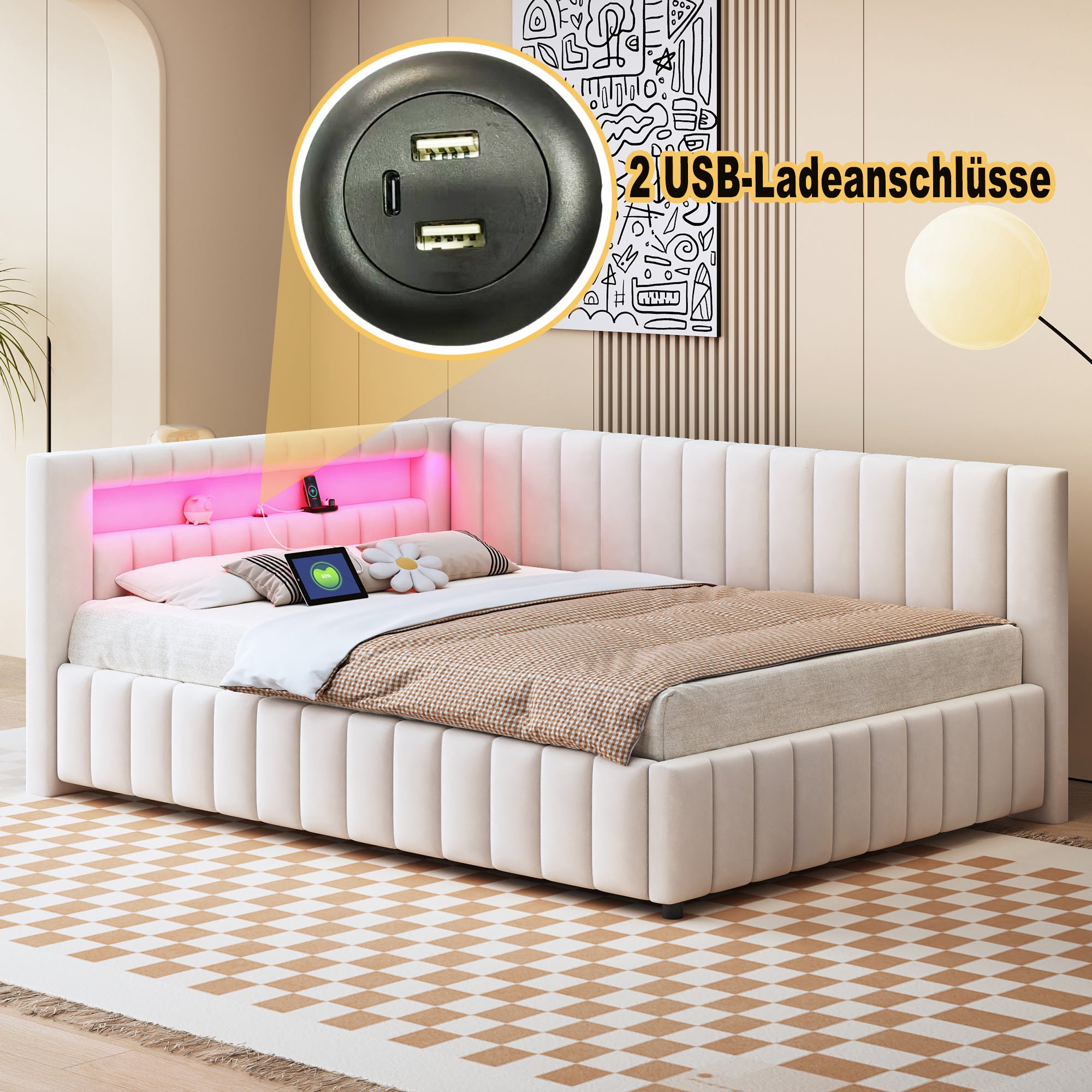 Upholstered Sofa Bed 140x200 with LED & USB Charging Port, Velvet Beige