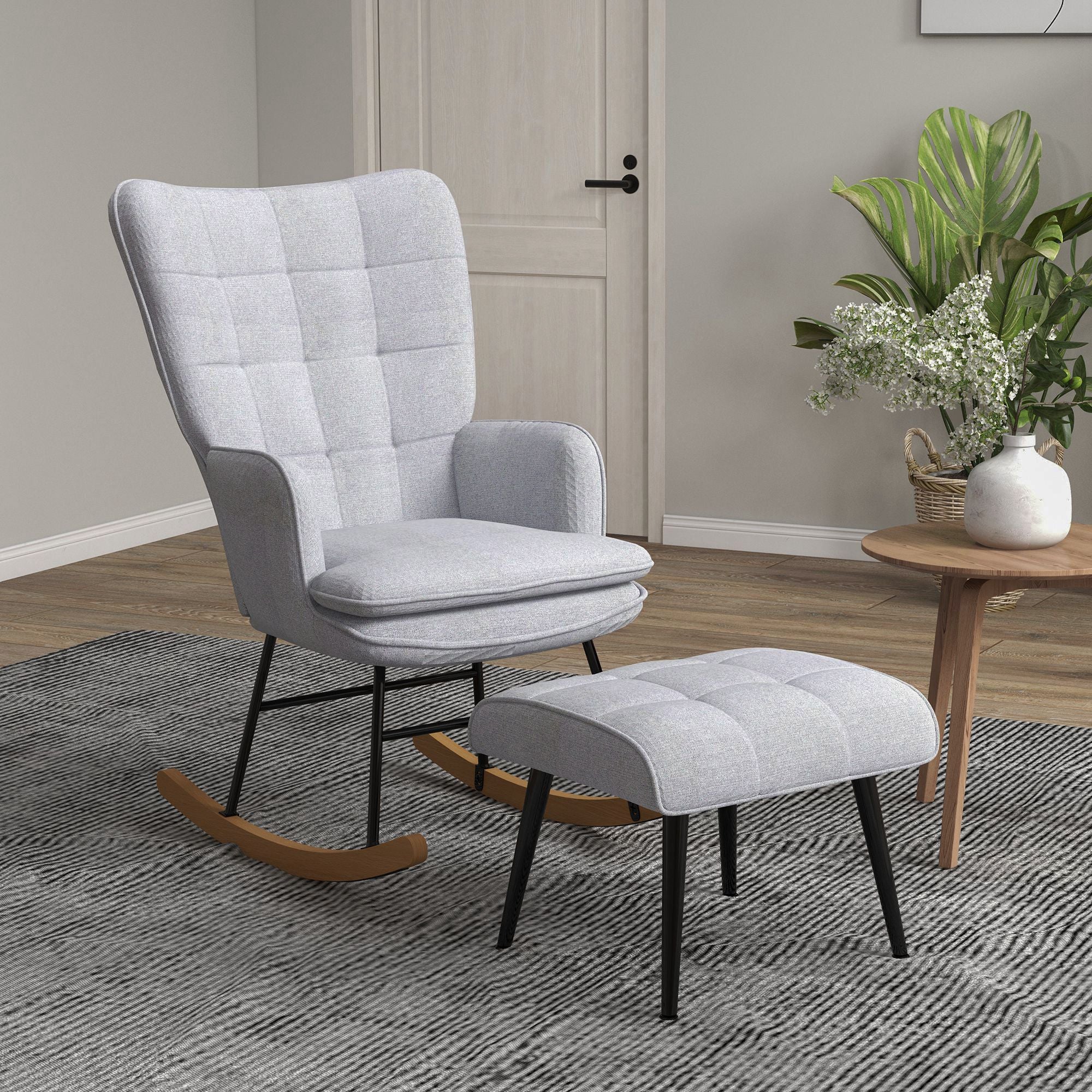 Rocking Chair with Stool, Armchair, Relaxing, 130 kg, Light Grey
