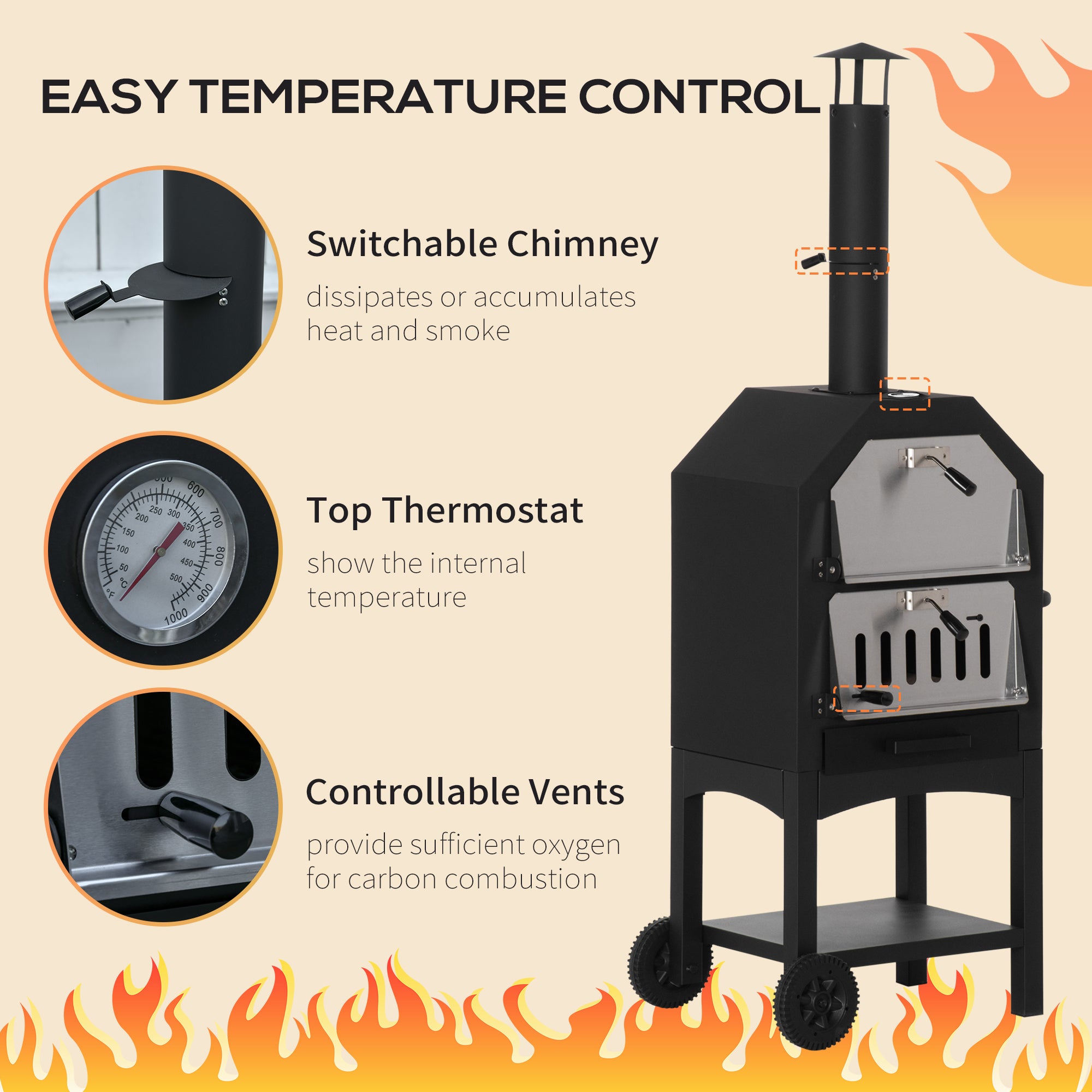 Outdoor Garden Pizza Oven Charcoal BBQ Grill 3-Tier Freestanding w/ Wheels Stainless Steel