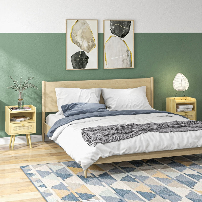 Rattan Weave Bedside Tables Set of Two, Wood Effect