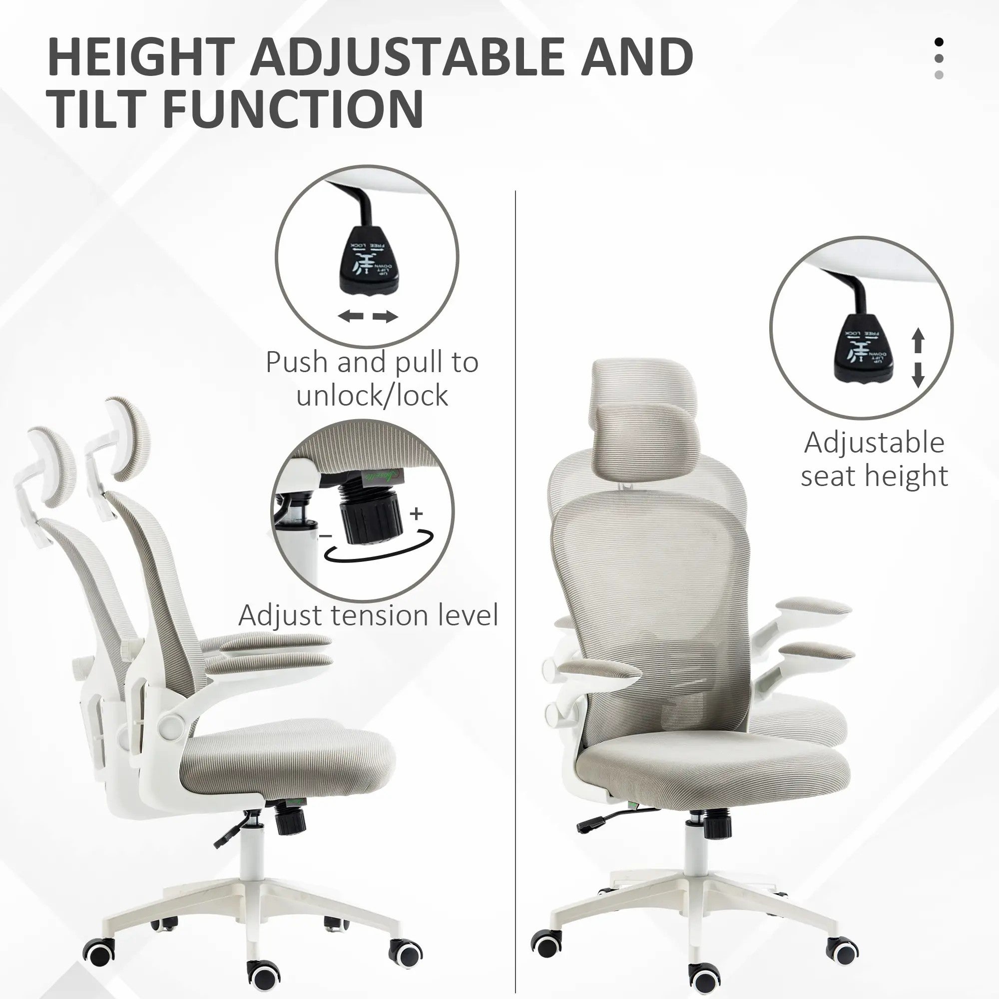 Multi-Adjustable Office Chair, Lumbar Support Headrest Mesh Back - Grey