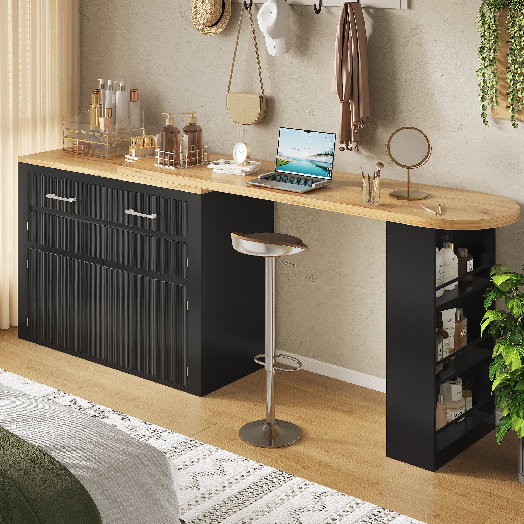 Extendable Bar Table Telescopic Storage Drawer Shelves - Black