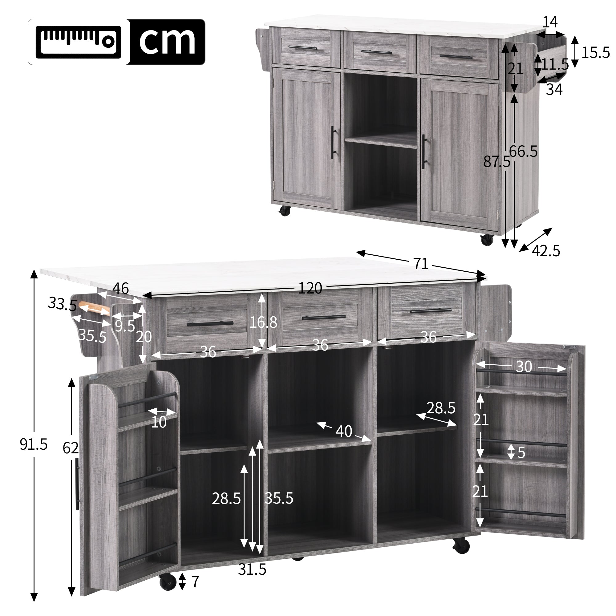 Serving Trolley Side Cabinet 139cm Folding Worktop Storage Doors Grey/White Veneer