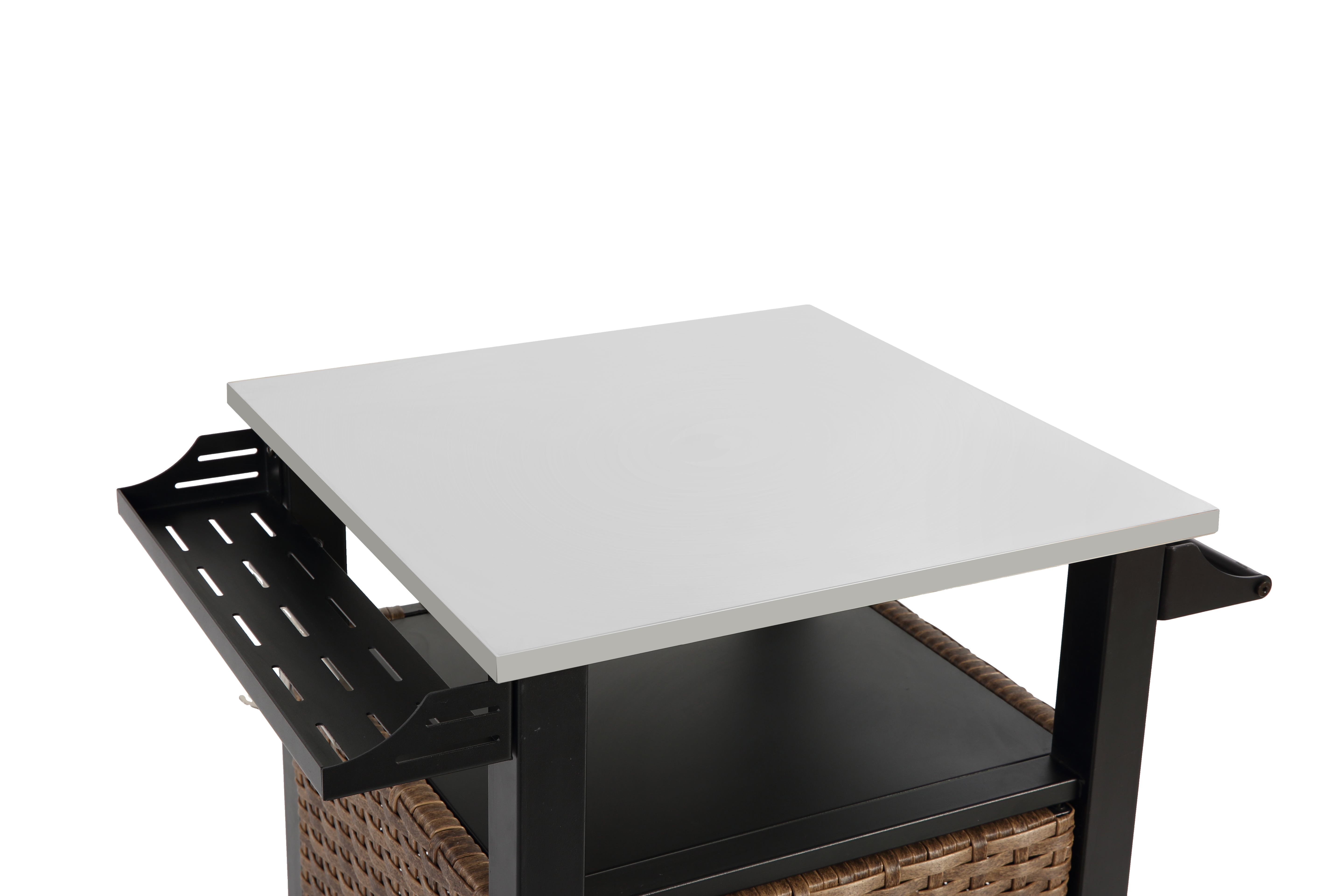 Bar Cart, Outdoor Kitchen Wicker Island Rolling with Stainless Steel Top, Brown