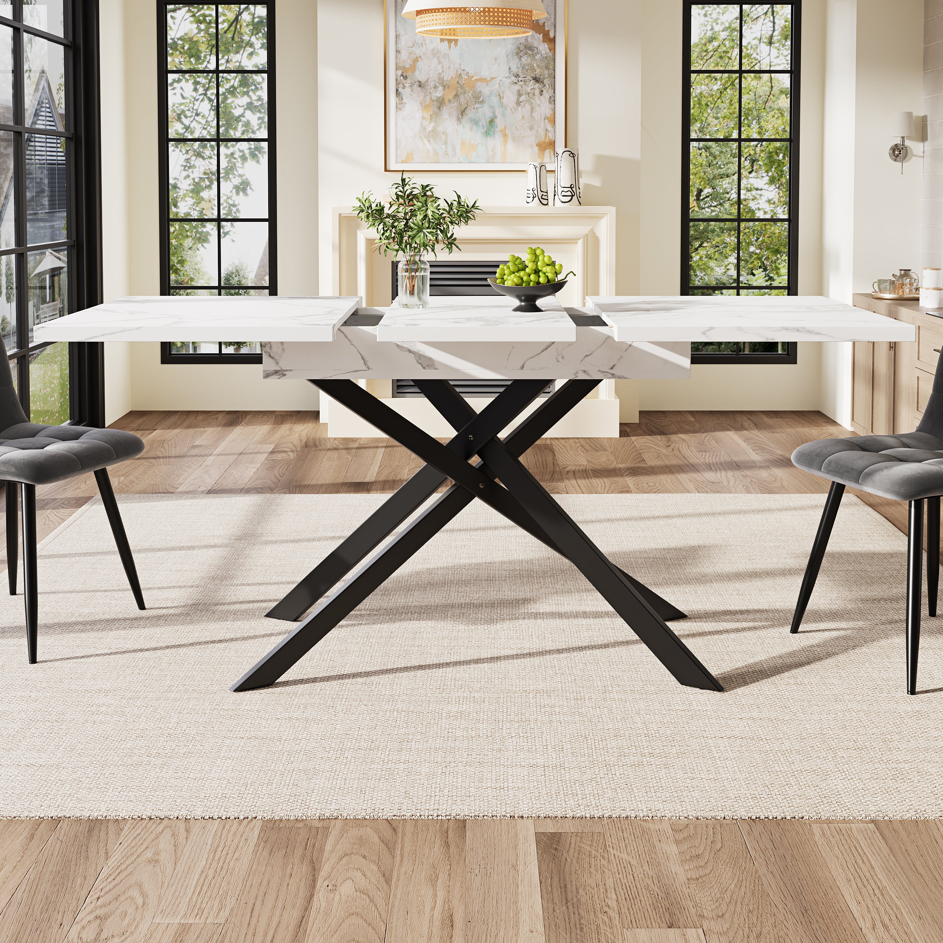 Telescopic Dining Table 120-160cm Extendable Black Crossed Legs - White Marble