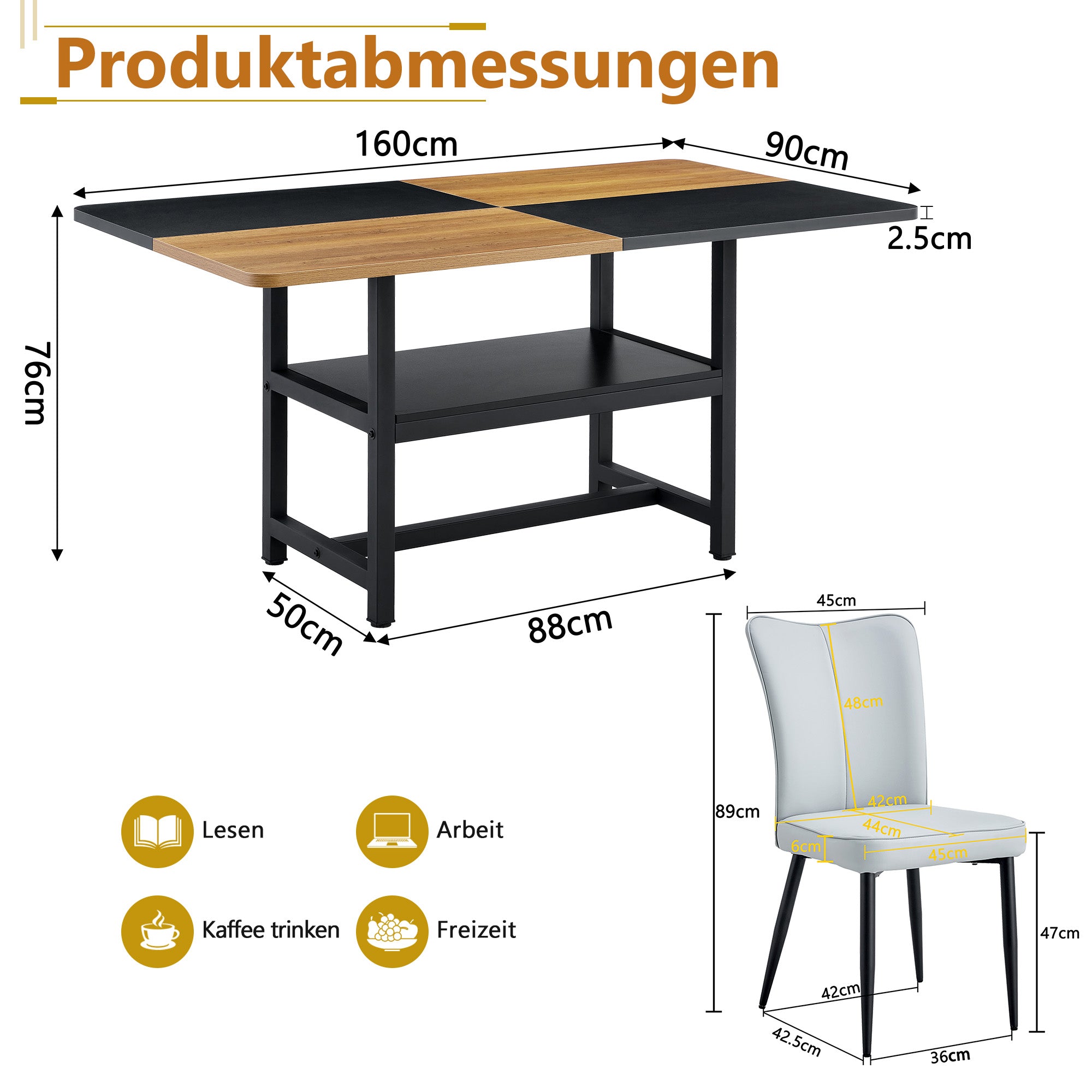 160 cm Dining Table Set with Storage & 6 Chairs, Light Grey PU Leather