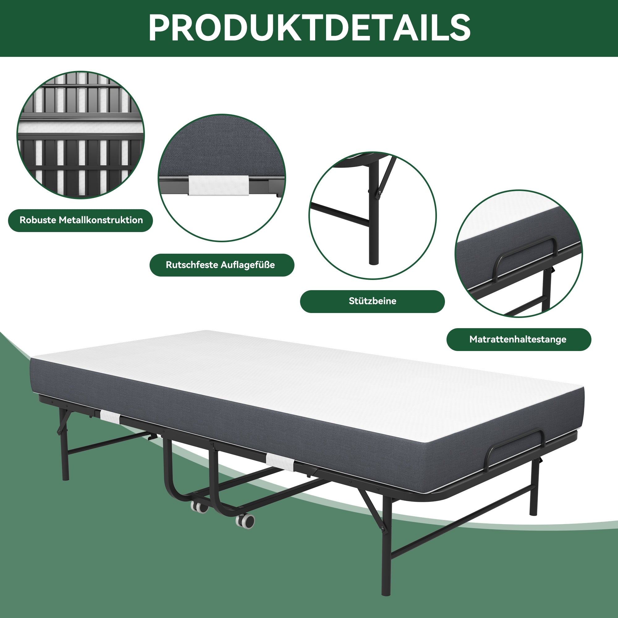 Folding Twin Bed, 190x96cm 9.5cm Memory Foam Mattress, Metal Frame