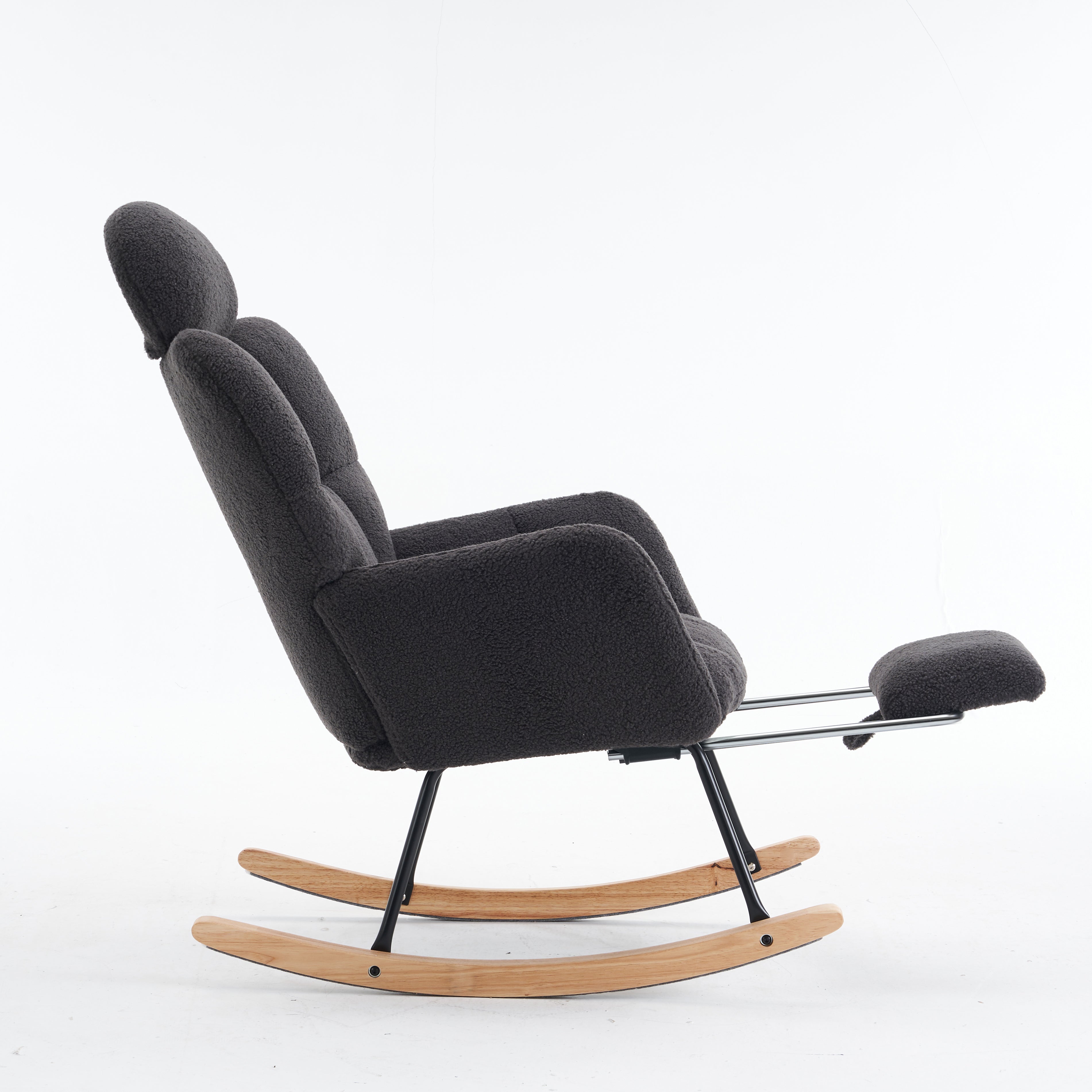 Teddy Rocking Chair Tufted Upholstered Padded Seat Headrest Foldable Footrest, Dark Grey