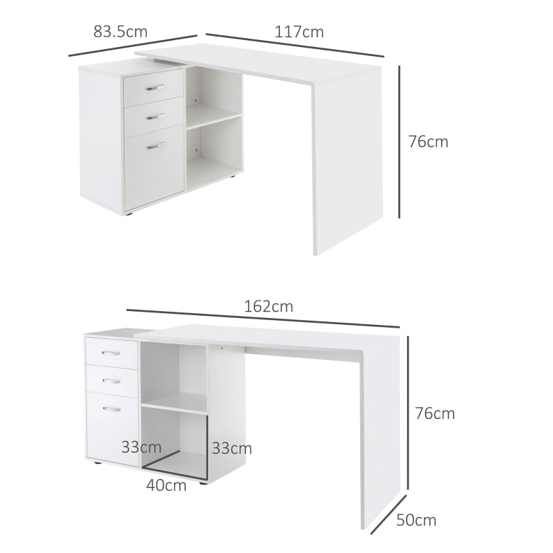 L Shaped Computer Desk, Reversible with Drawers and Shelves, White