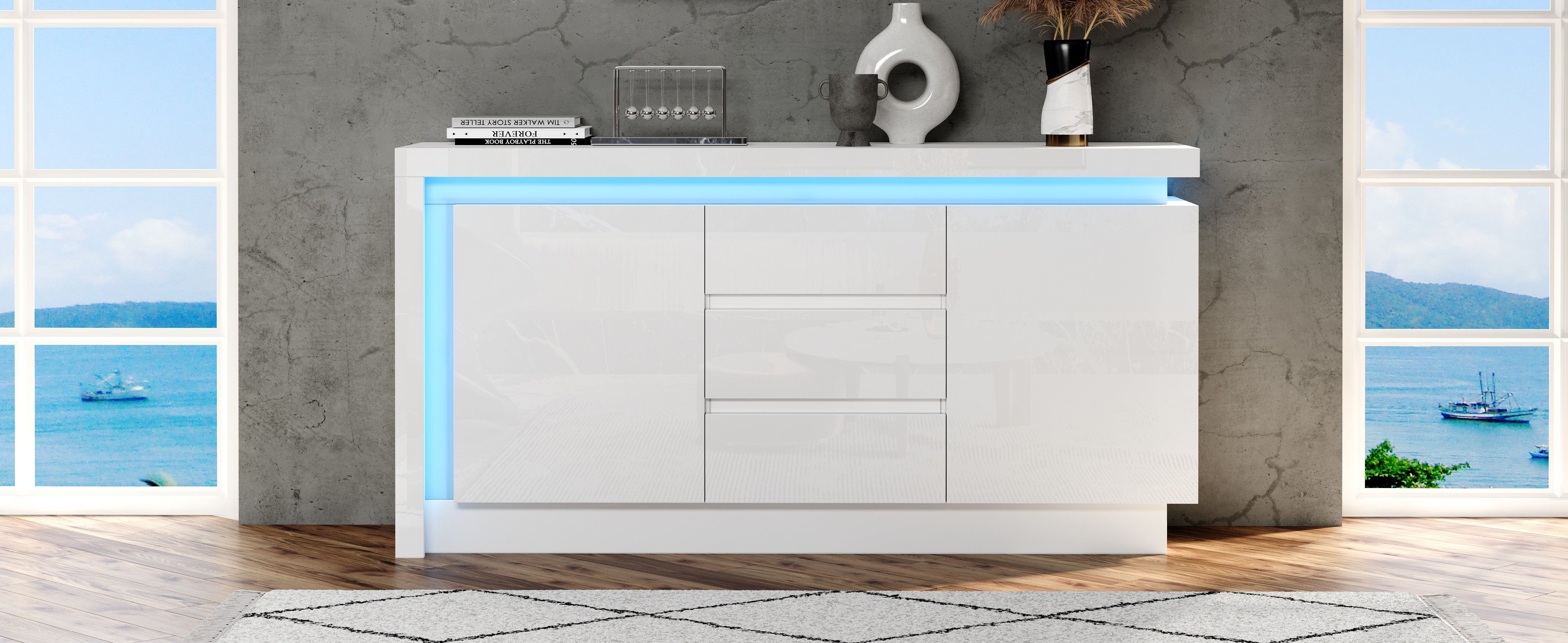 Sideboard, 140x35x72cm, 3 Drawers, 2 Doors, Adjustable Shelves, LED, High-Gloss White