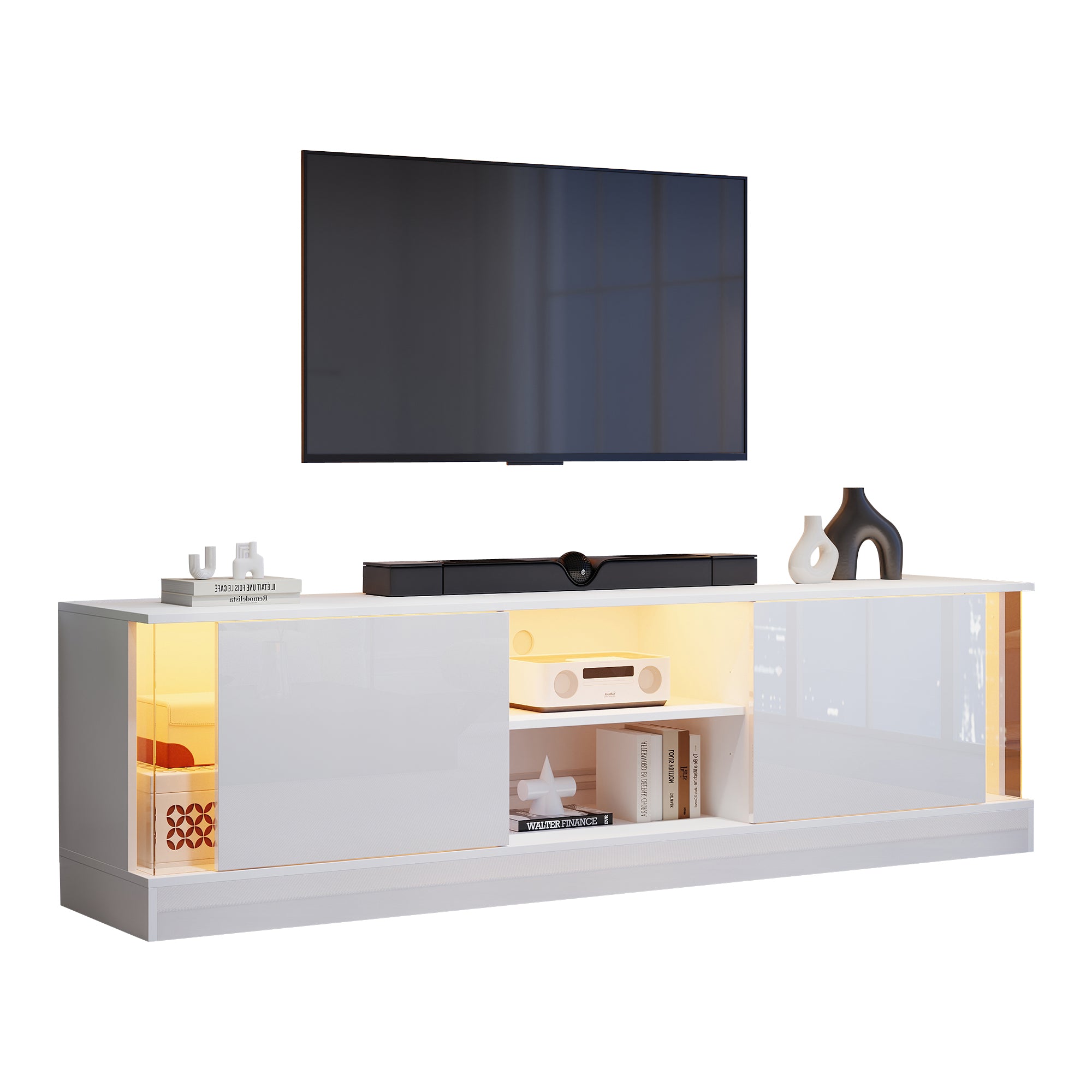 TV Cabinet with LED Storage, Floor-Standing, 70-inch TV Compatible, High-Gloss White