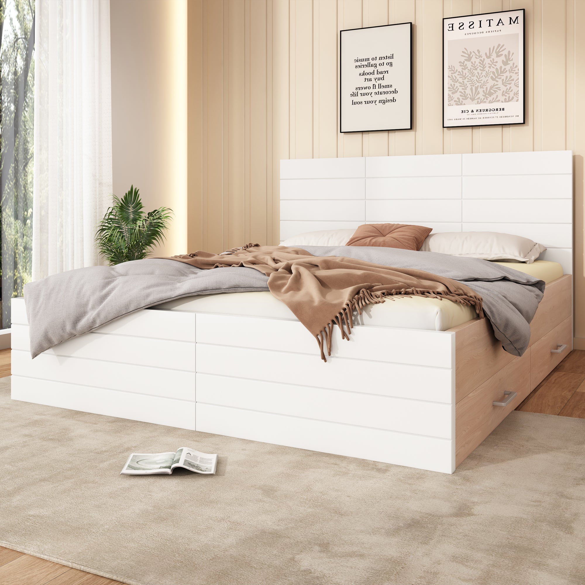 Double Wooden Bed, 160x200cm with 2 Drawers & Slatted Frame, Oak/White