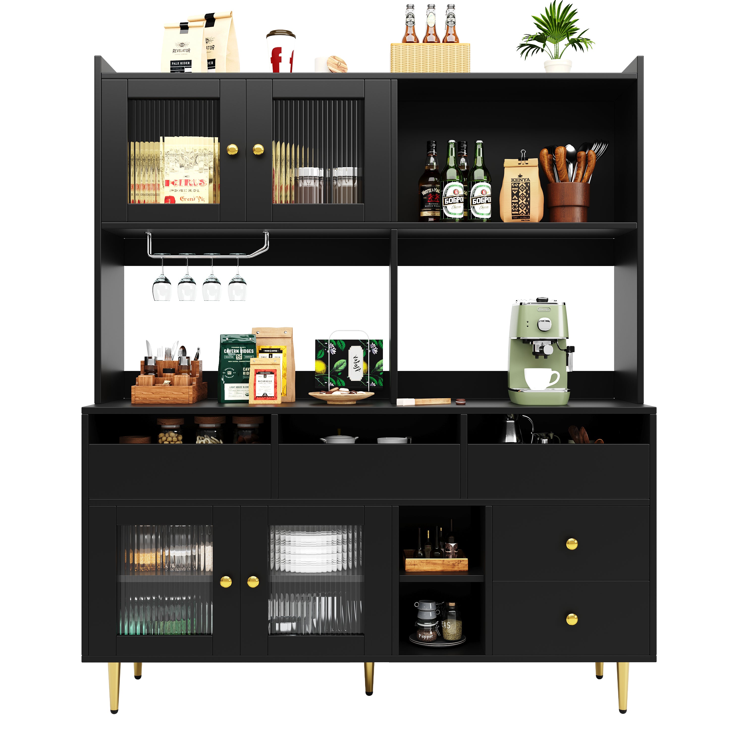 Dining Room Tall Cabinet 145x39x171cm Perforated Glass Doors Wine Rack Storage - Black/Gold