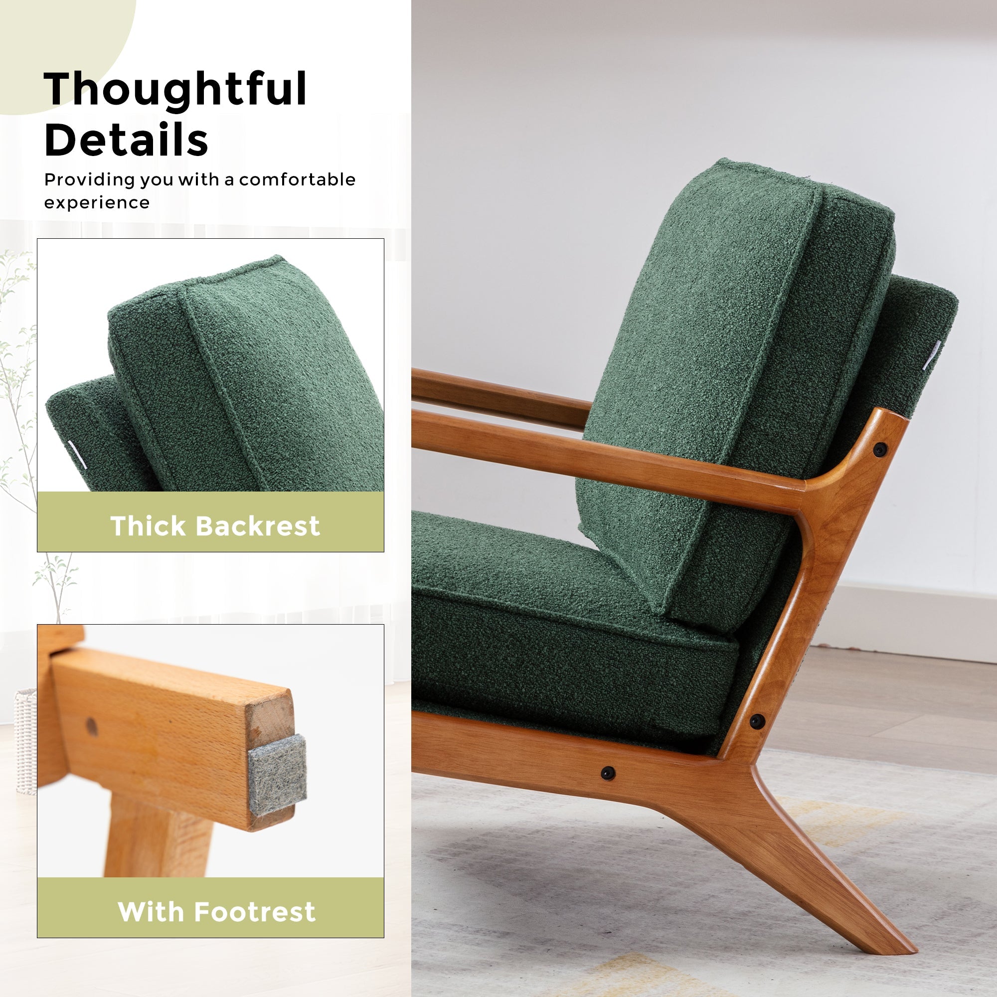 GOMYWAY Accent Chair Mid-Century Modern Armchair with Solid Wood Frame, Emerald