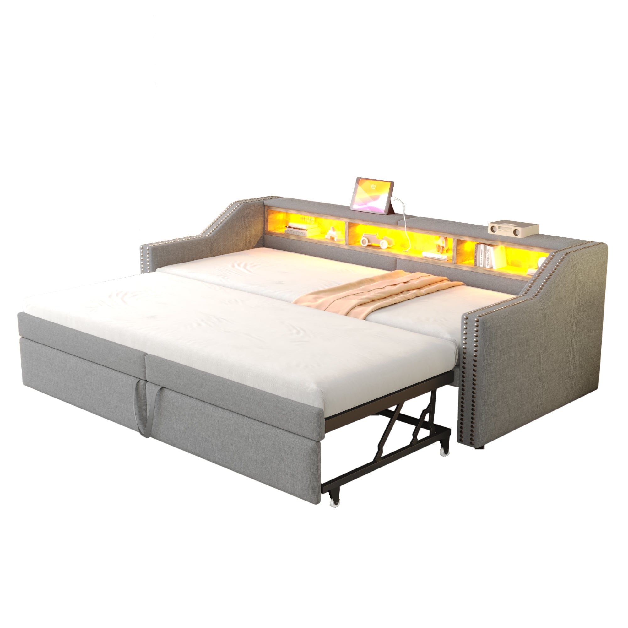 Upholstered Sofa Bed, Pull-Out with Storage, LED & USB, Light Grey