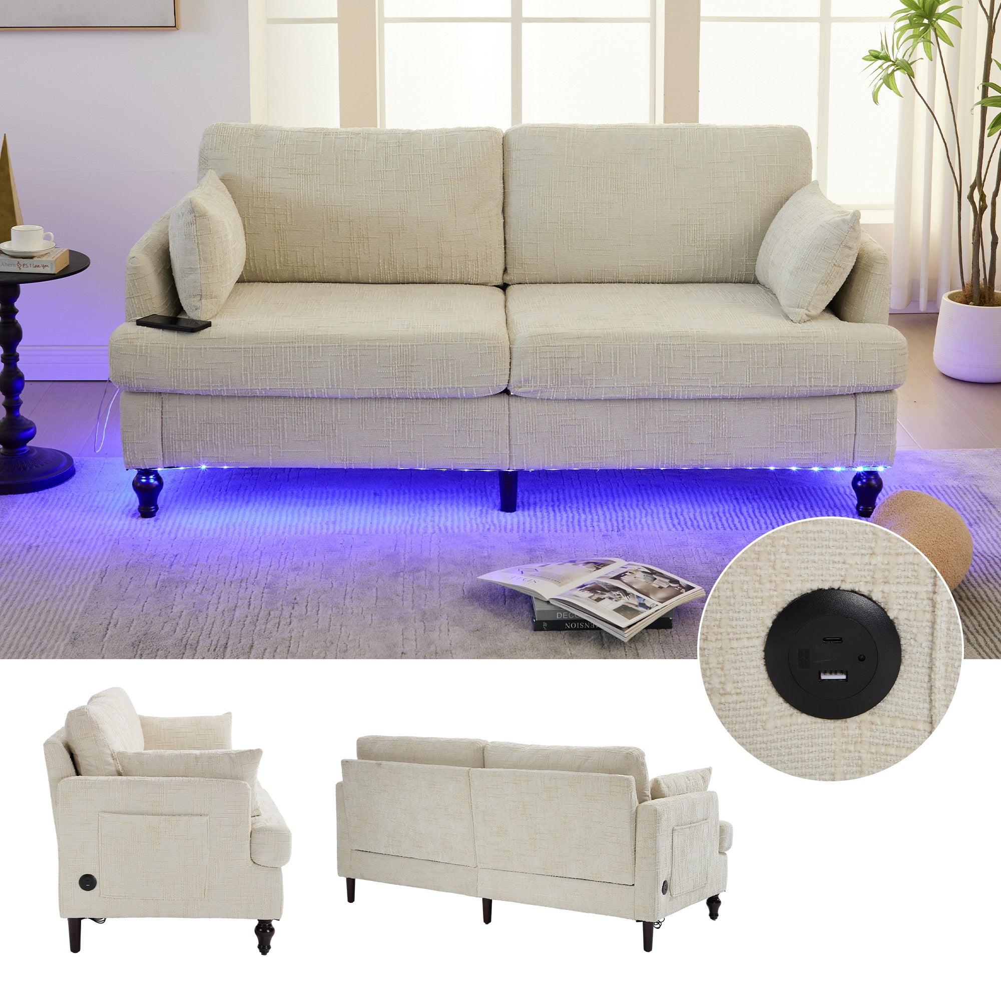 Sofa, 2-Seater with LED Light, USB & Storage, Chenille