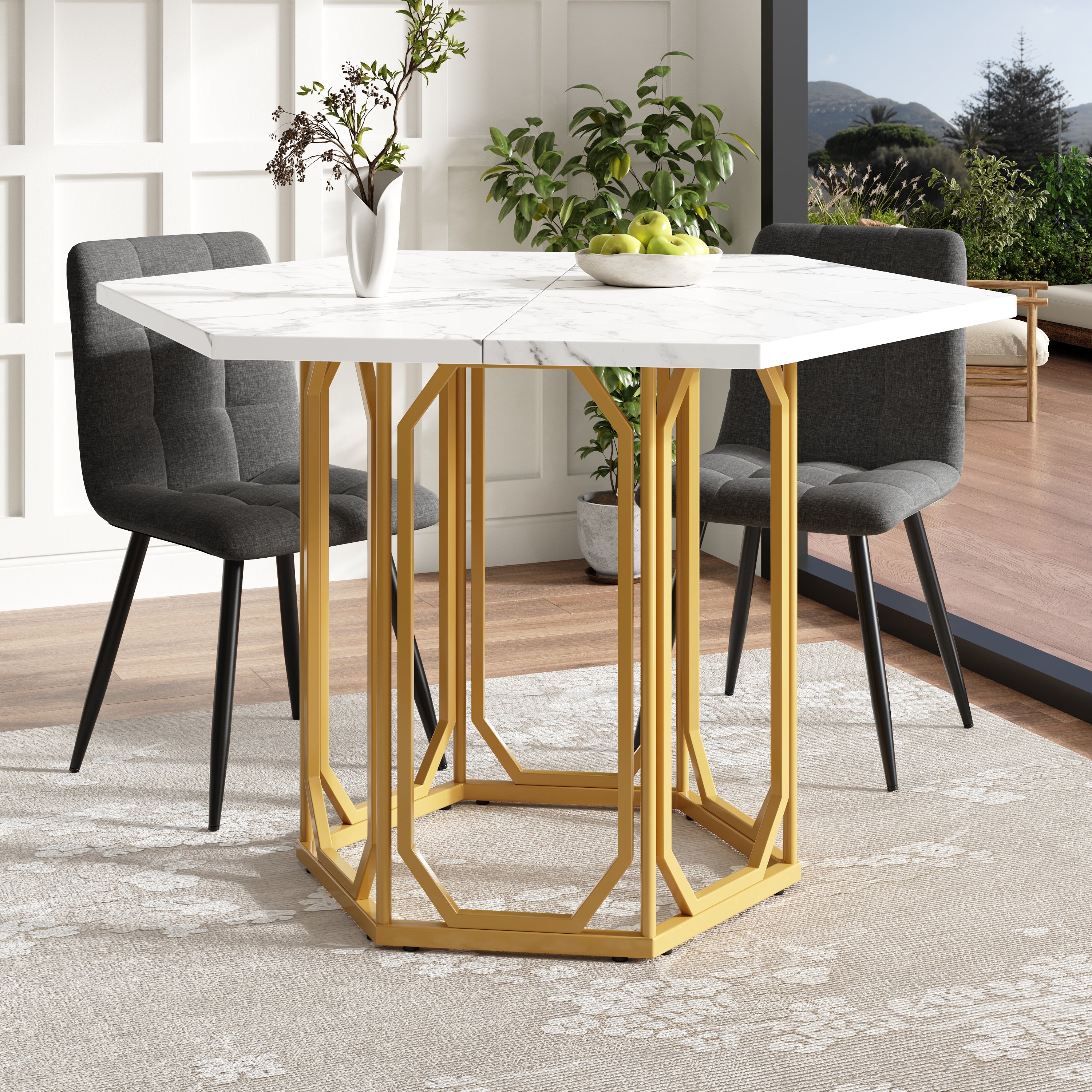 Hexagonal Table Metal Legs Marble Pattern, Gold