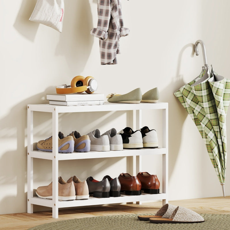 3-Tier Shoe Rack, Bamboo Storage Shelf, White