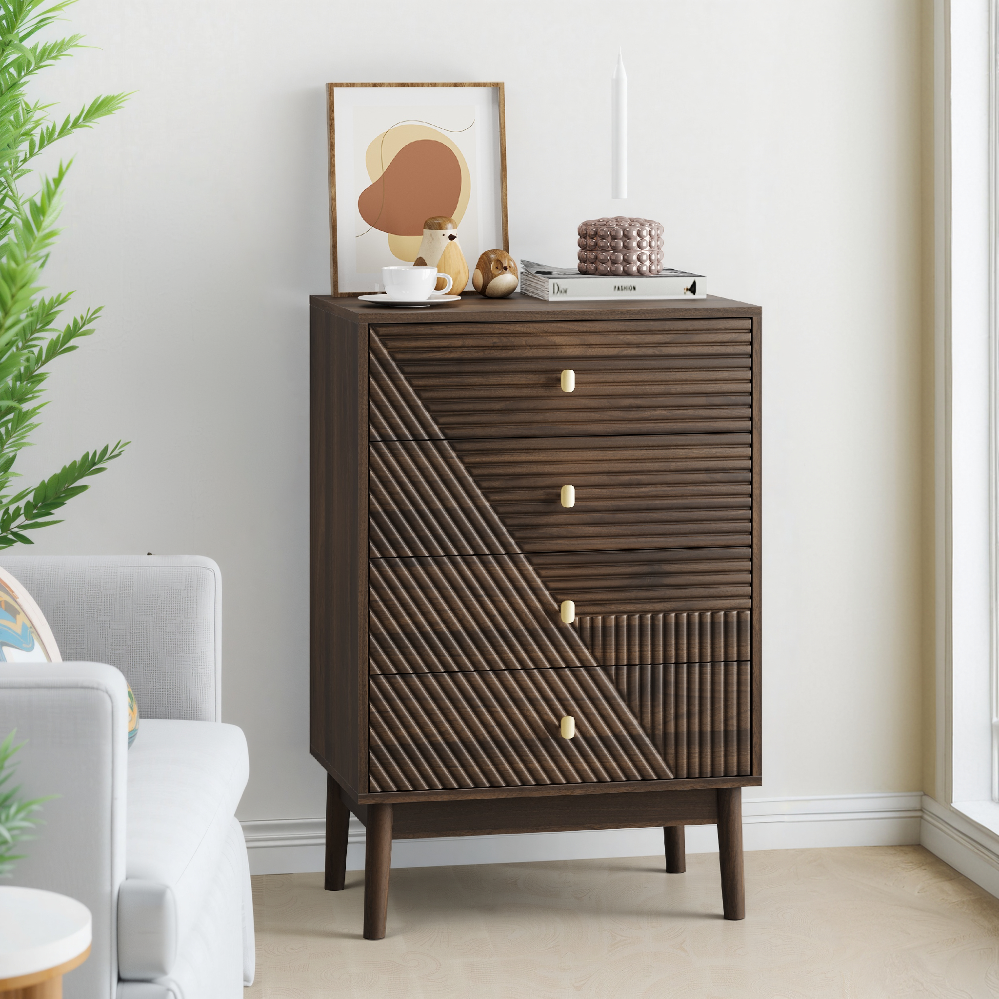 Chest of Drawers Modern 4-Drawer Wooden Storage Cabinet Walnut