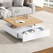 Multifunctional Swivel Coffee Table with Storage, White and Walnut
