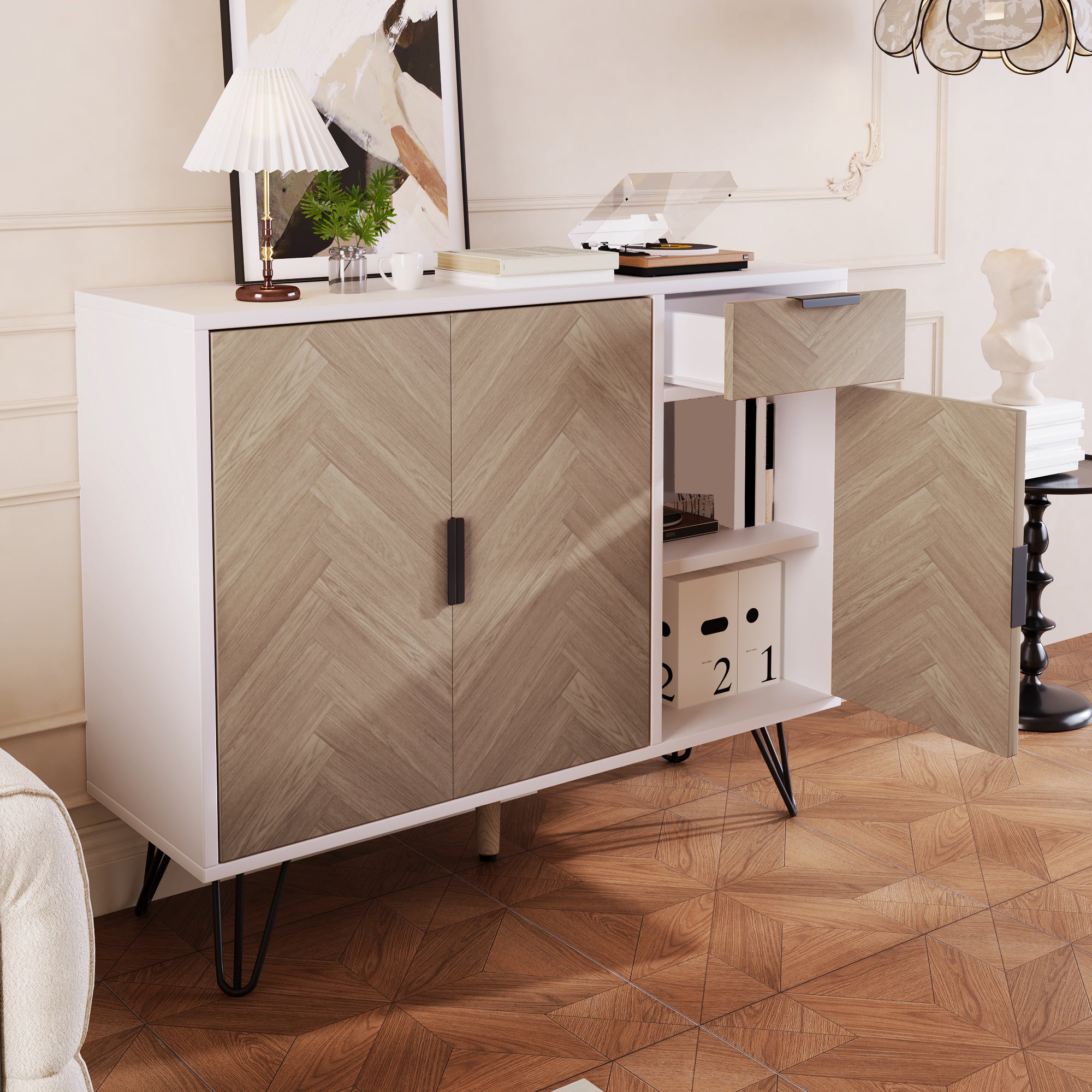 Modern storage cabinet, sideboard with drawer and adjustable shelves, white and wood look