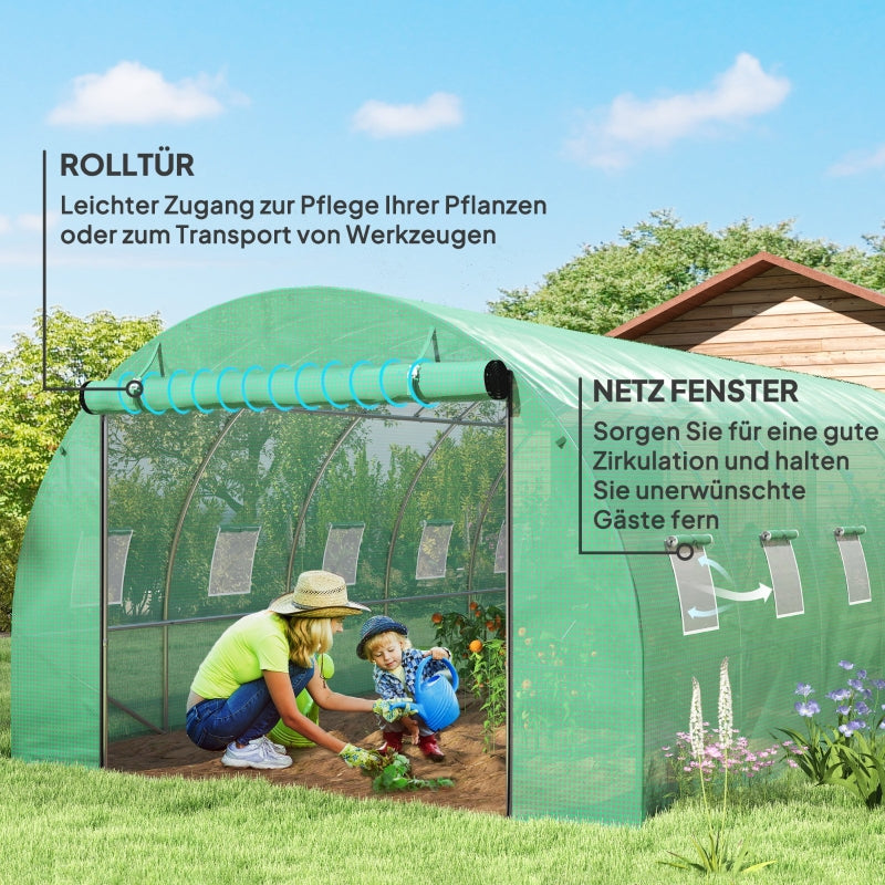 Polytunnel Greenhouse Walk-in Steel Frame Roll-up Doors - Green