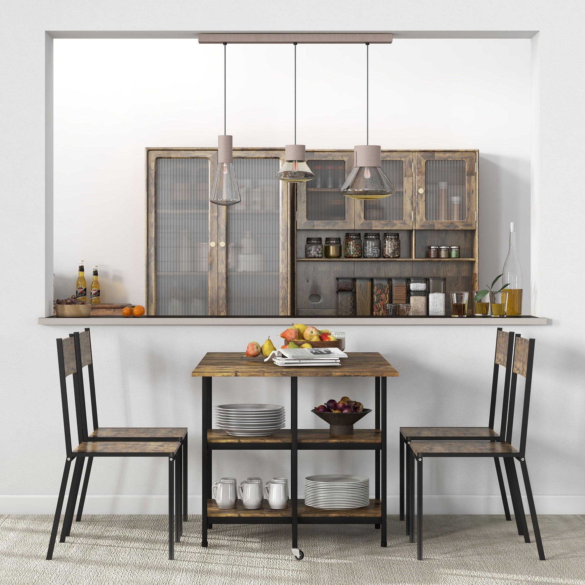 Folding Dining Table, Wheels, 140x80cm, 2-6 People, Rustic Brown Steel