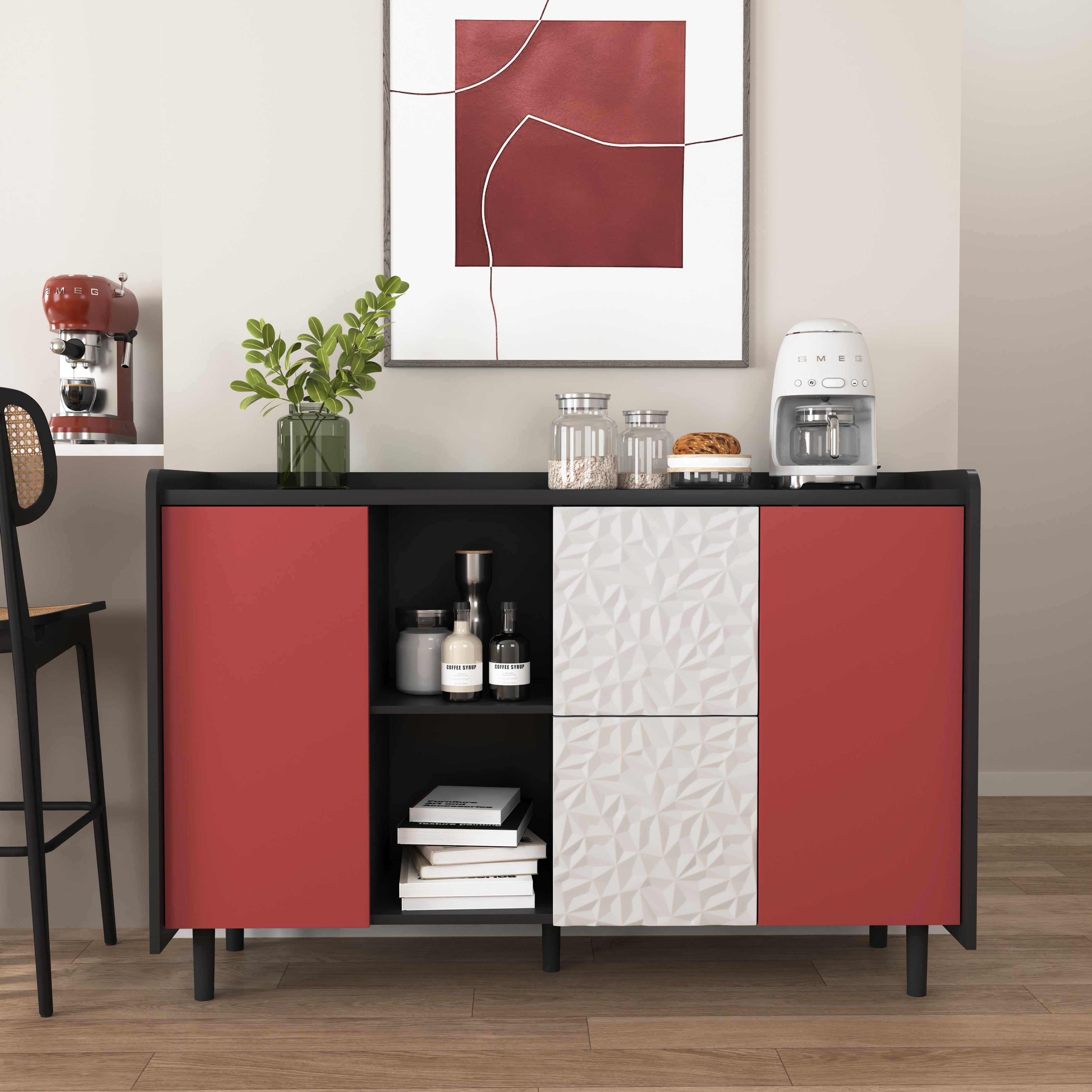 Sideboard Buffet Cabinet with 2 Drawers & Open Storage, Panel Styling - Black/Red