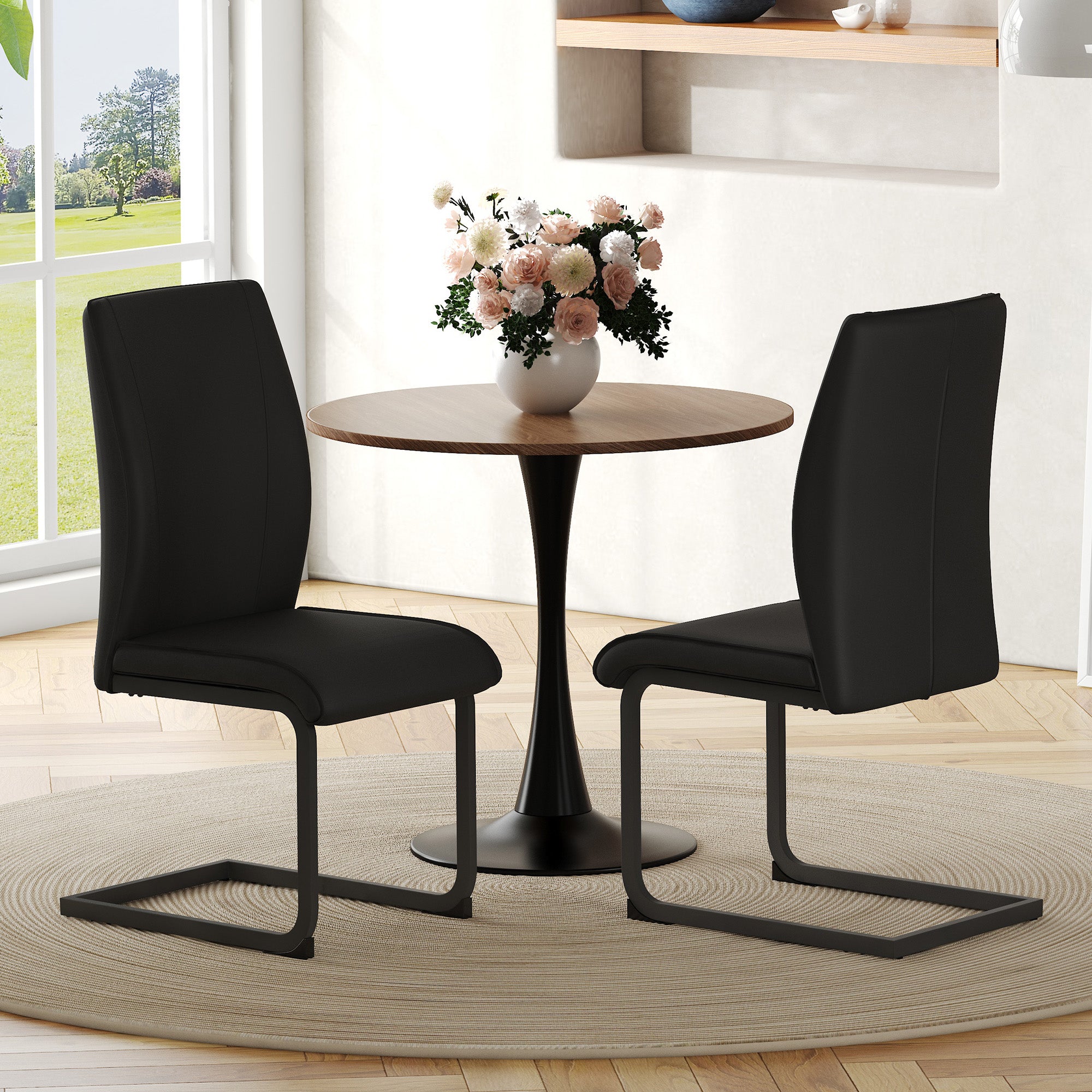 2-piece Set Dining Chairs with Black Metal Legs, Ergonomic Design, Black PU