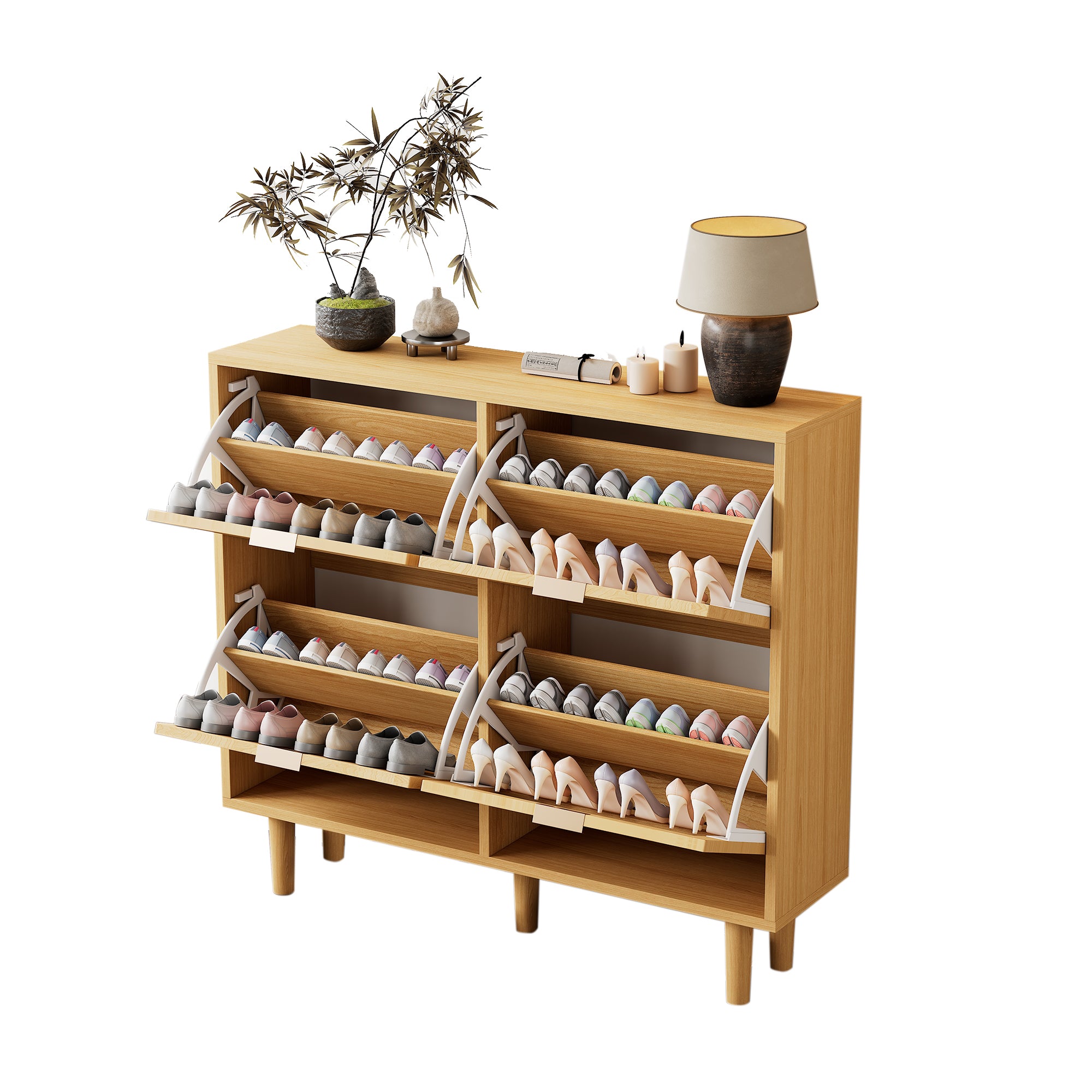 Shoe Cabinet with 4 Folding Drawers, Rattan and Wooden