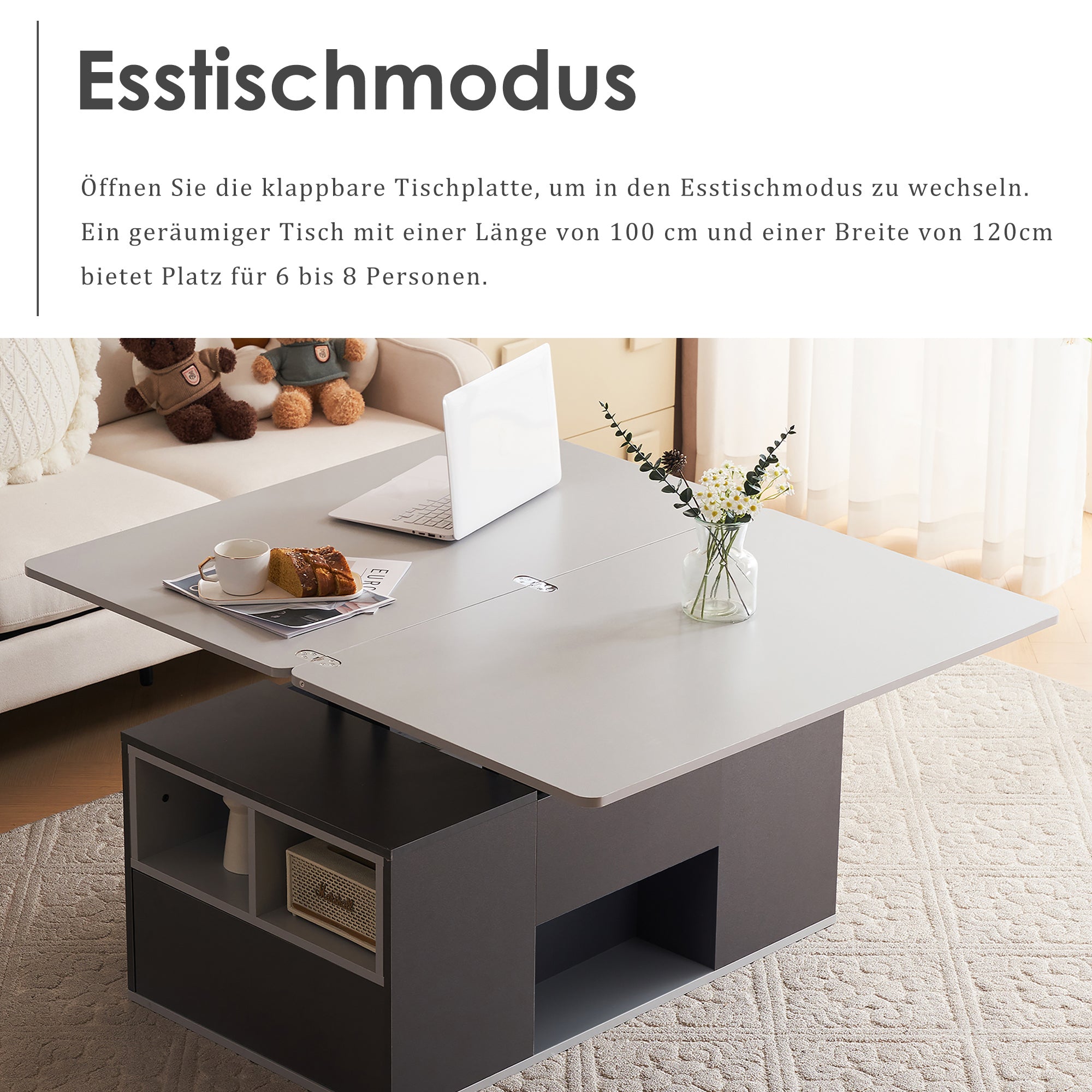 Liftable Multifunctional Coffee Table Opens to 2 Tables Large Capacity - Dark Grey/Light Grey