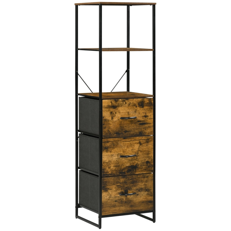 Industrial Storage Cabinet, 2 Shelves and 3 Fabric Drawers Bookshelf, Rustic Brown
