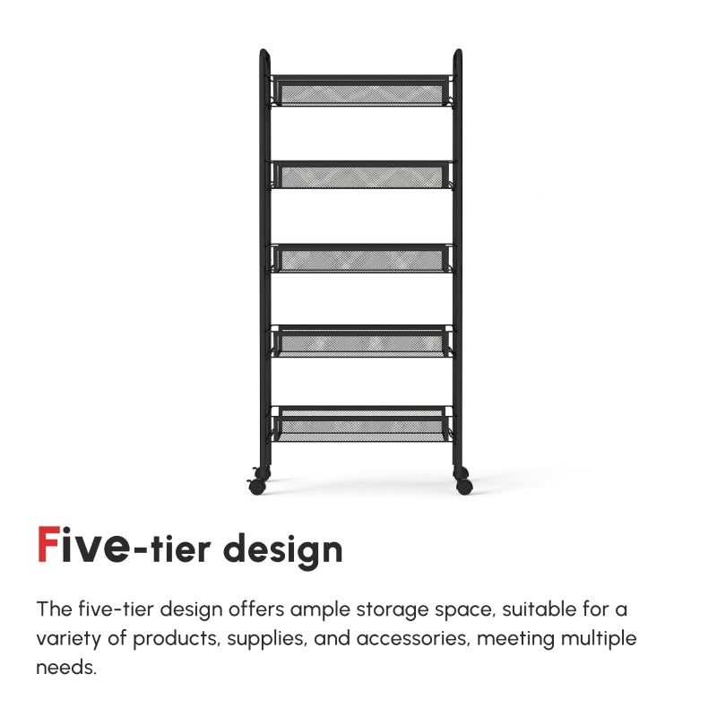 Steel Mesh Basket Storage Trolley, Five-Tier with Wheels - Black