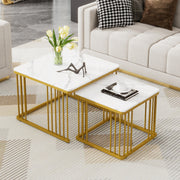 Nesting Coffee Tables Set of 2 Square Marble-Effect High-Gloss - Gold Legs