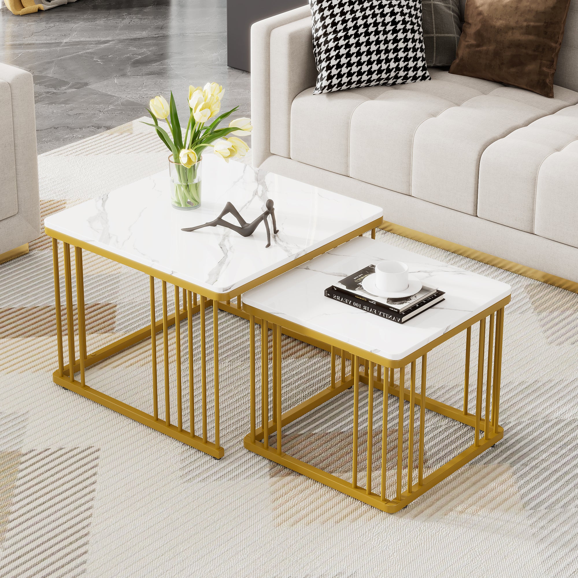 Nesting Coffee Tables Set of 2 Square Marble-Effect High-Gloss - Gold Legs