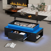 Coffee Table Height-Adjustable Hidden Storage Drawer LED High-Gloss Black