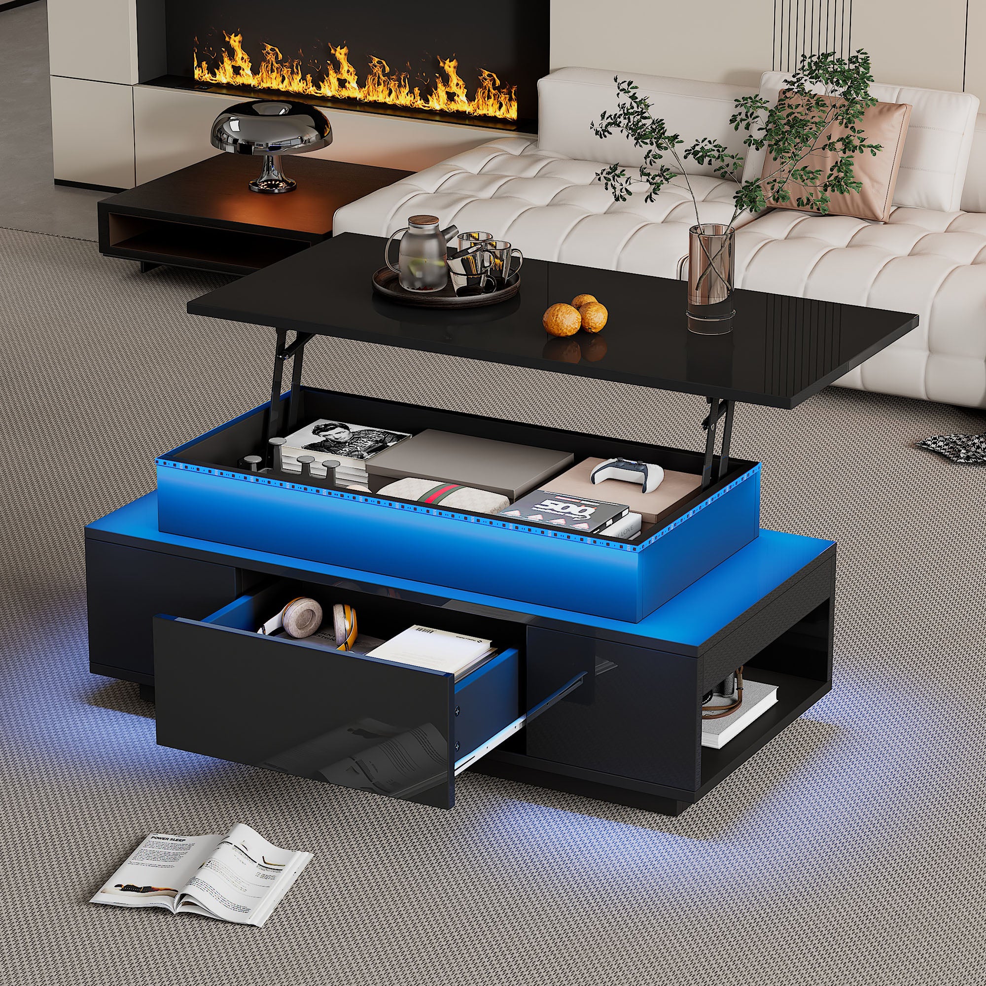 Coffee Table Height-Adjustable Hidden Storage Drawer LED High-Gloss Black