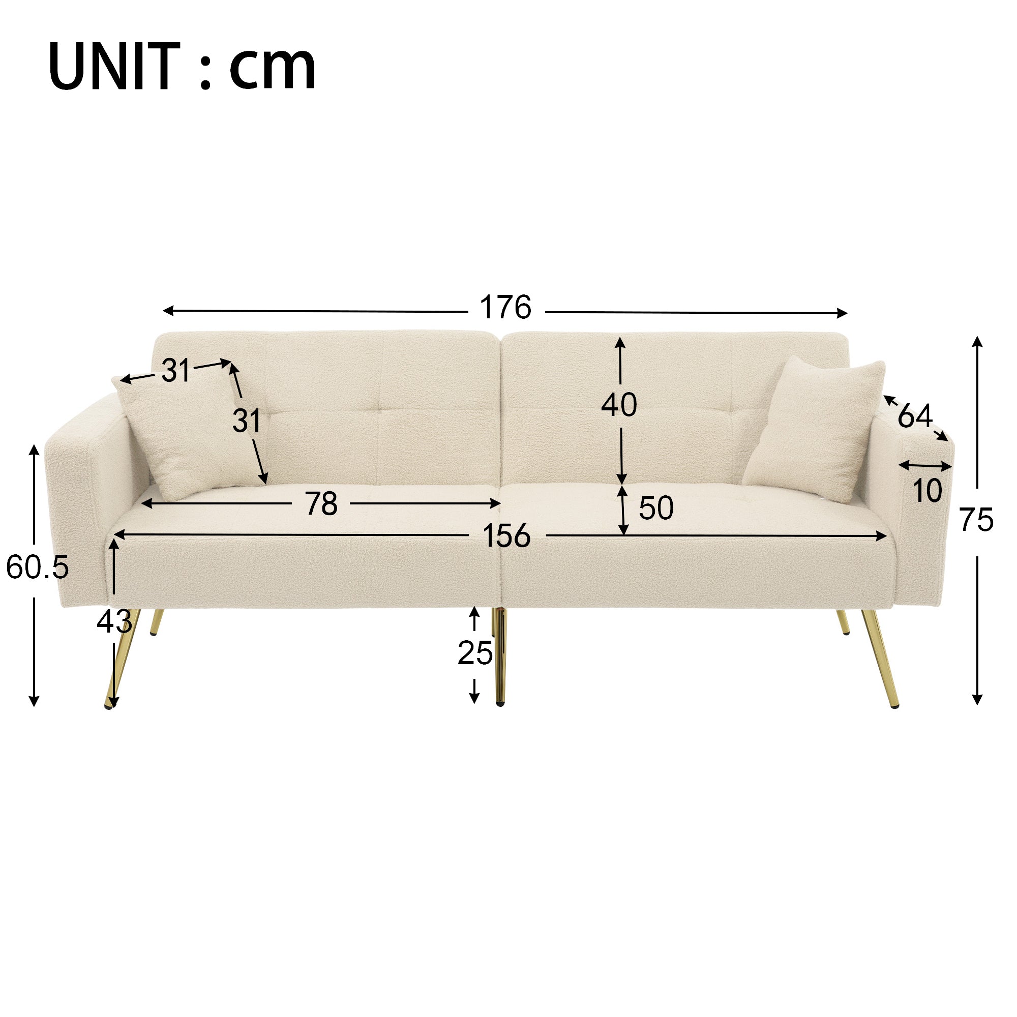 Sofa Bed with Adjustable Backrest, Bed Function, and Storage Pockets, Gold Legs