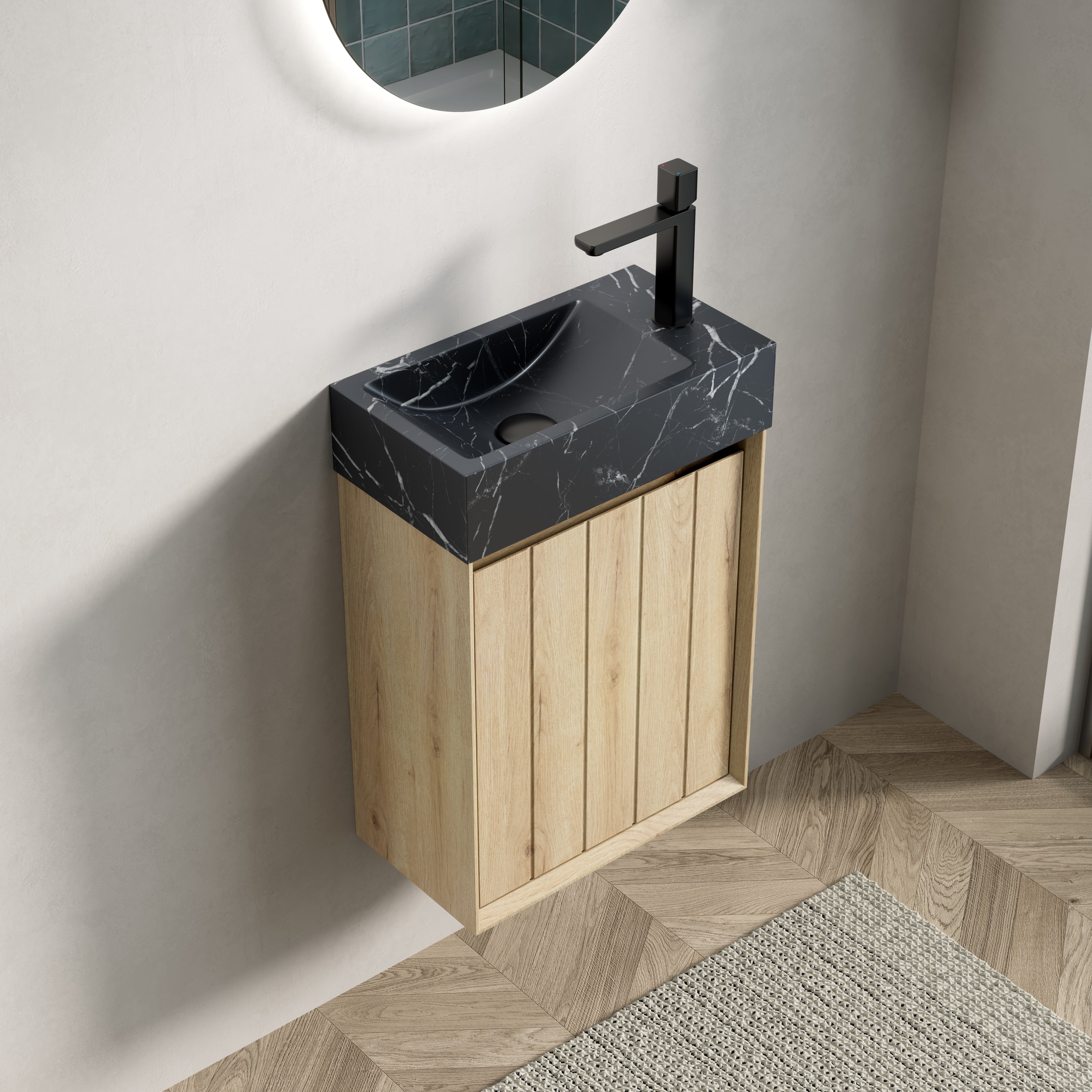 Wall-Mounted Bathroom Vanity Unit with Undermount Sink and Striped Cabinet, White Oak Wood Grain