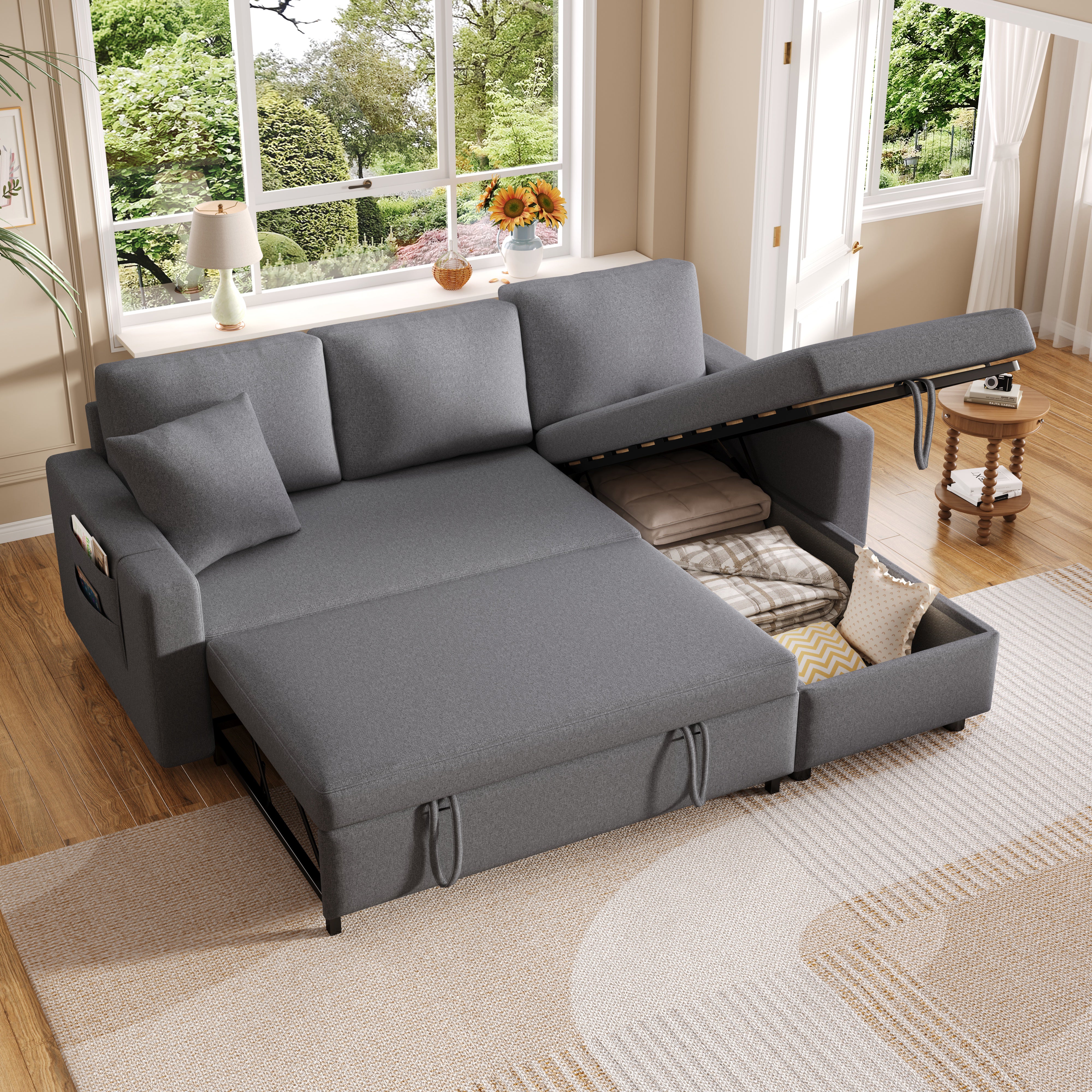 Sleeper Sofa L-Shaped Chaise Longue Storage Pocket Reversible