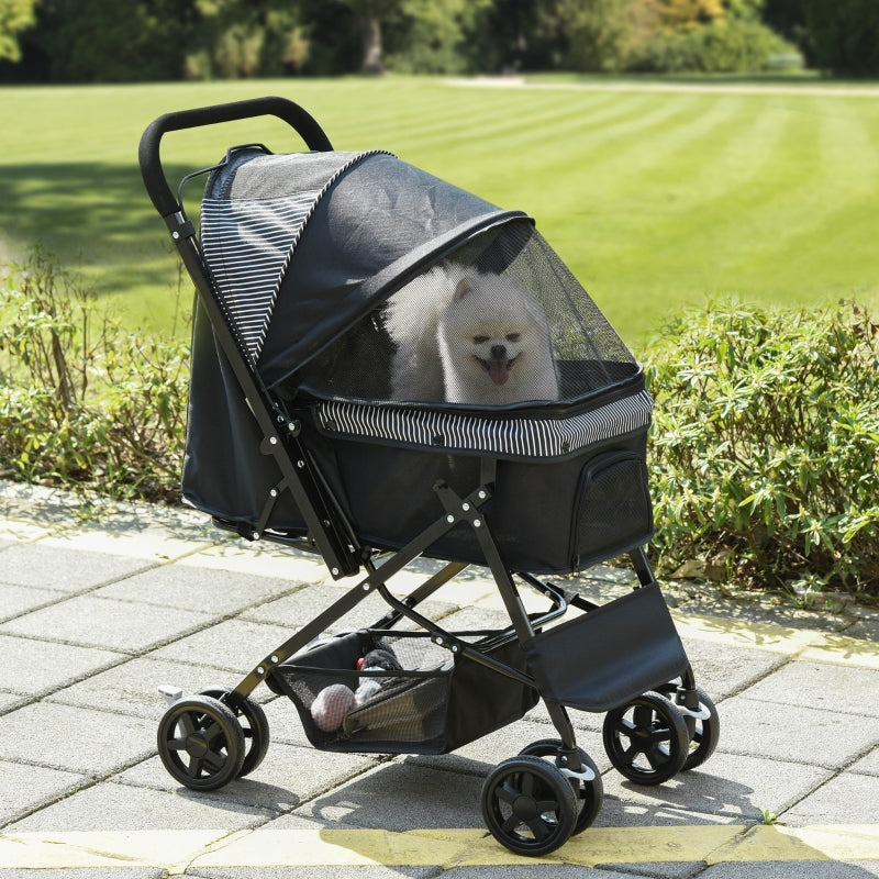 Pet Stroller Pushchair, Foldable Travel Carriage with Reversible Handle, Brake, and Basket
