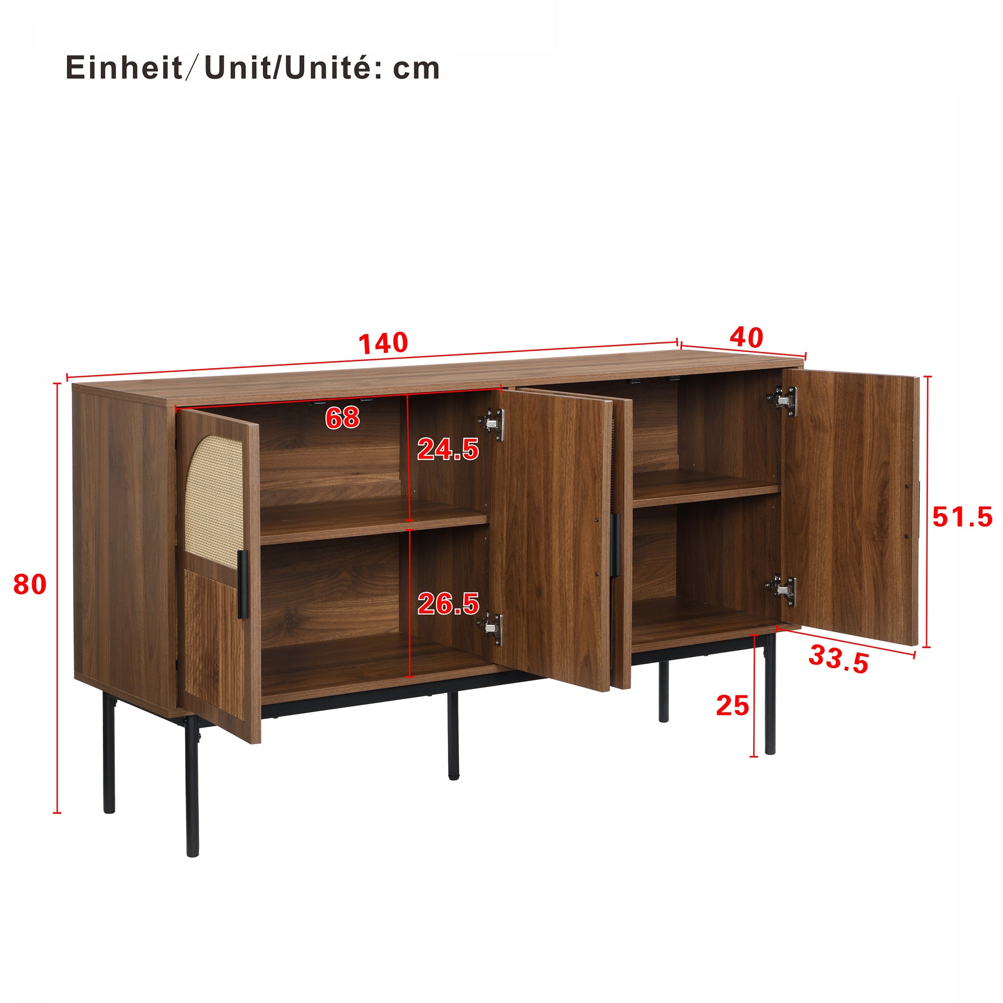 Sideboard Cabinet, Buffet Storage Set, 140L x 40W x 80H cm, Natural MDF