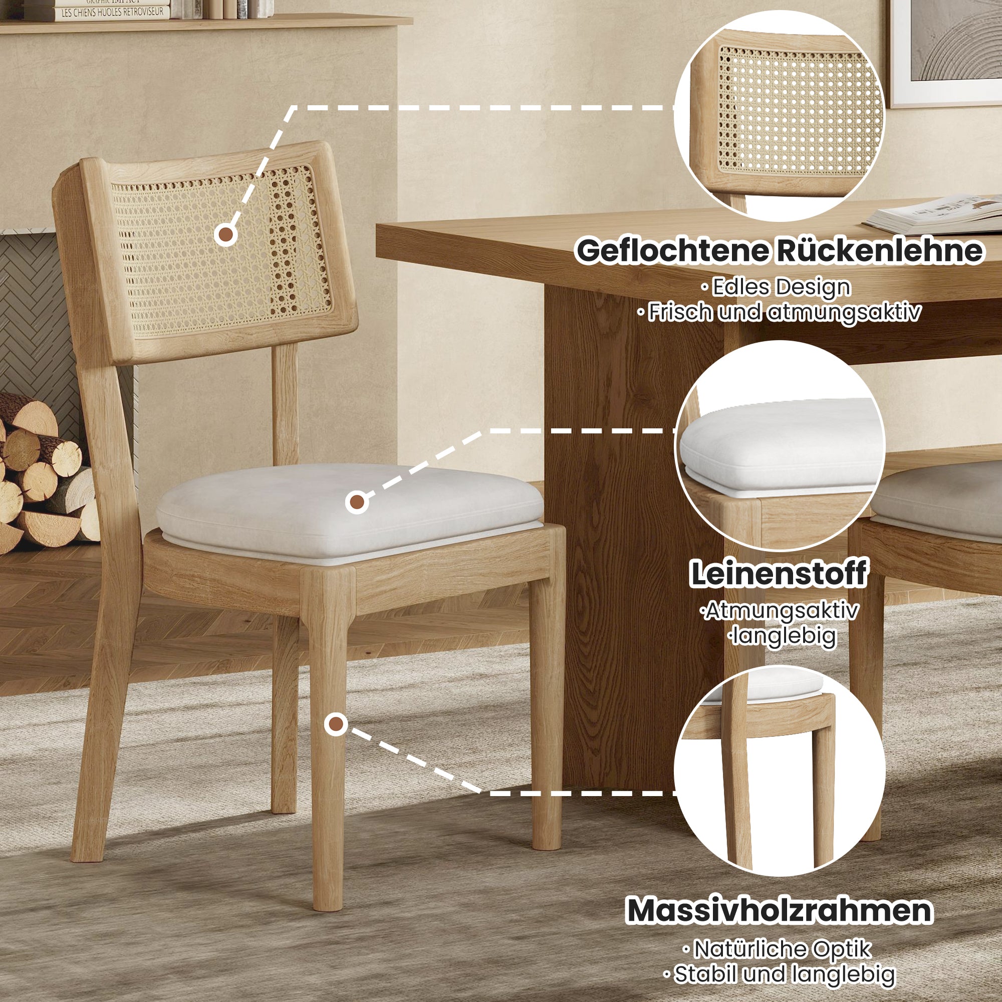 4 Solid Wood Dining Chairs, Rattan Backrests, Modern Style, Linen/Wood Color