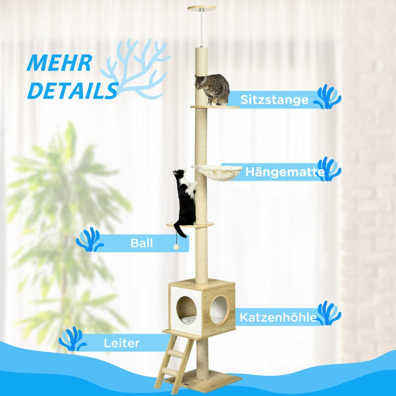 Cat Tree, Ceiling-High Cat House Two Platforms Hammock Anti-Tip, Light Brown + Beige