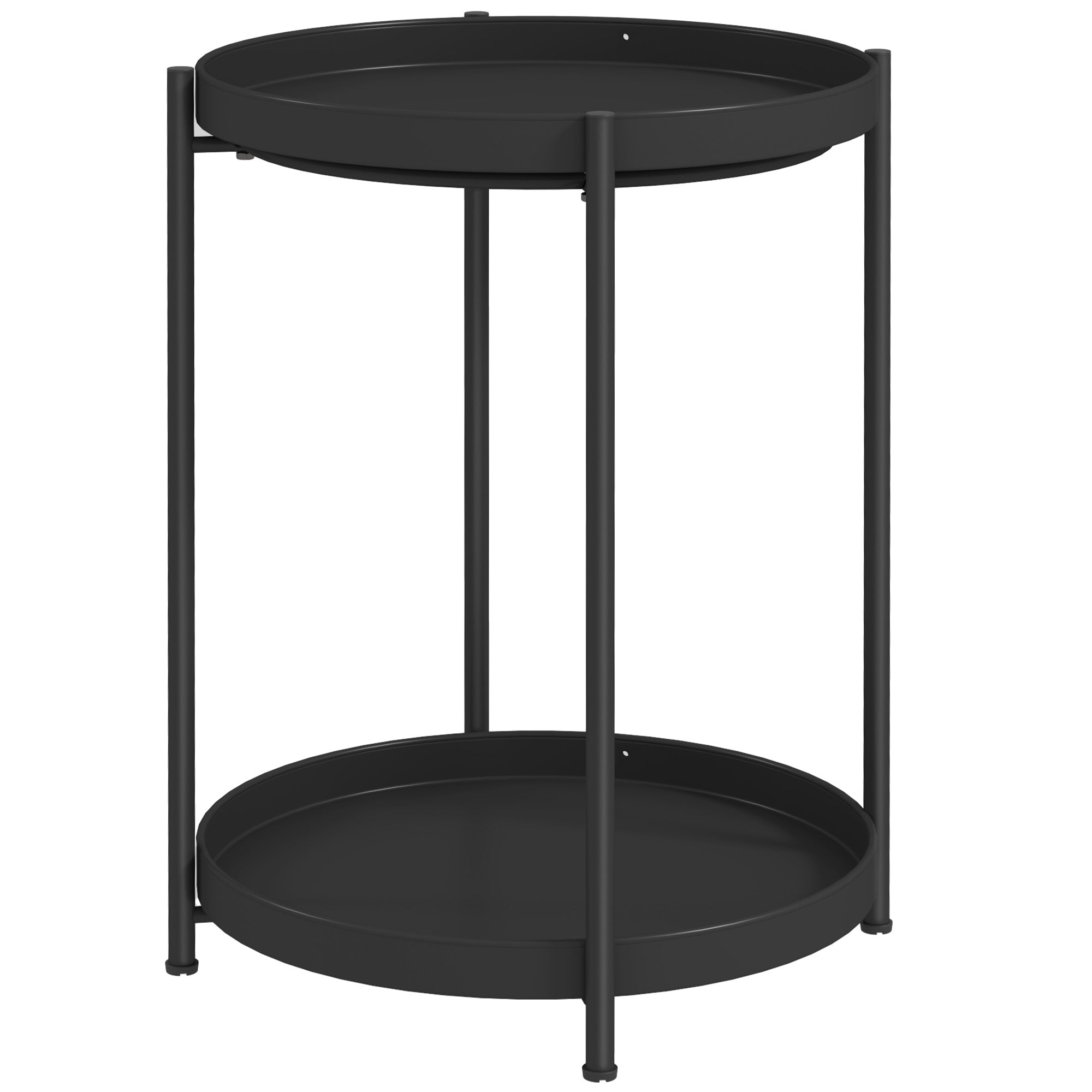 Side Table, 2 Shelves Round Coffee Table, Steel Black