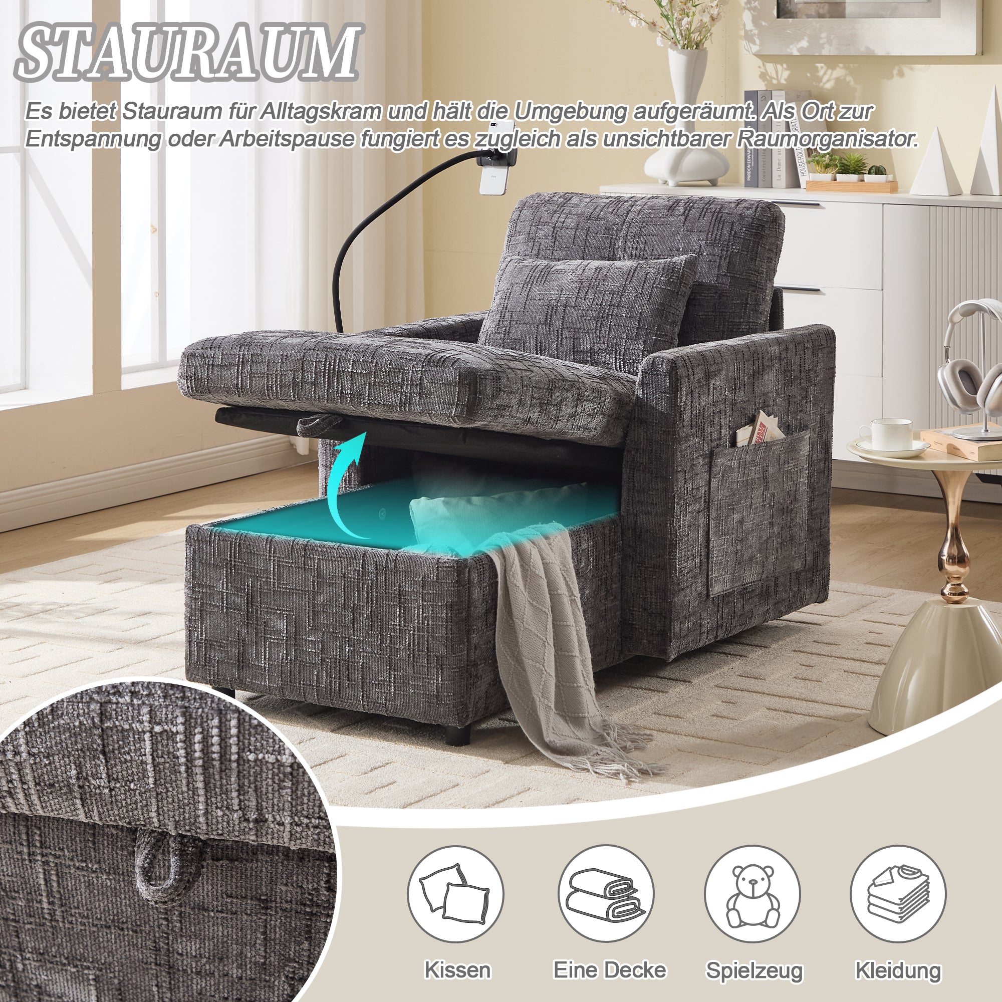 Multifunctional Reclining Sofa, Lounge Chair Mobile Holder, Chenille Armchair